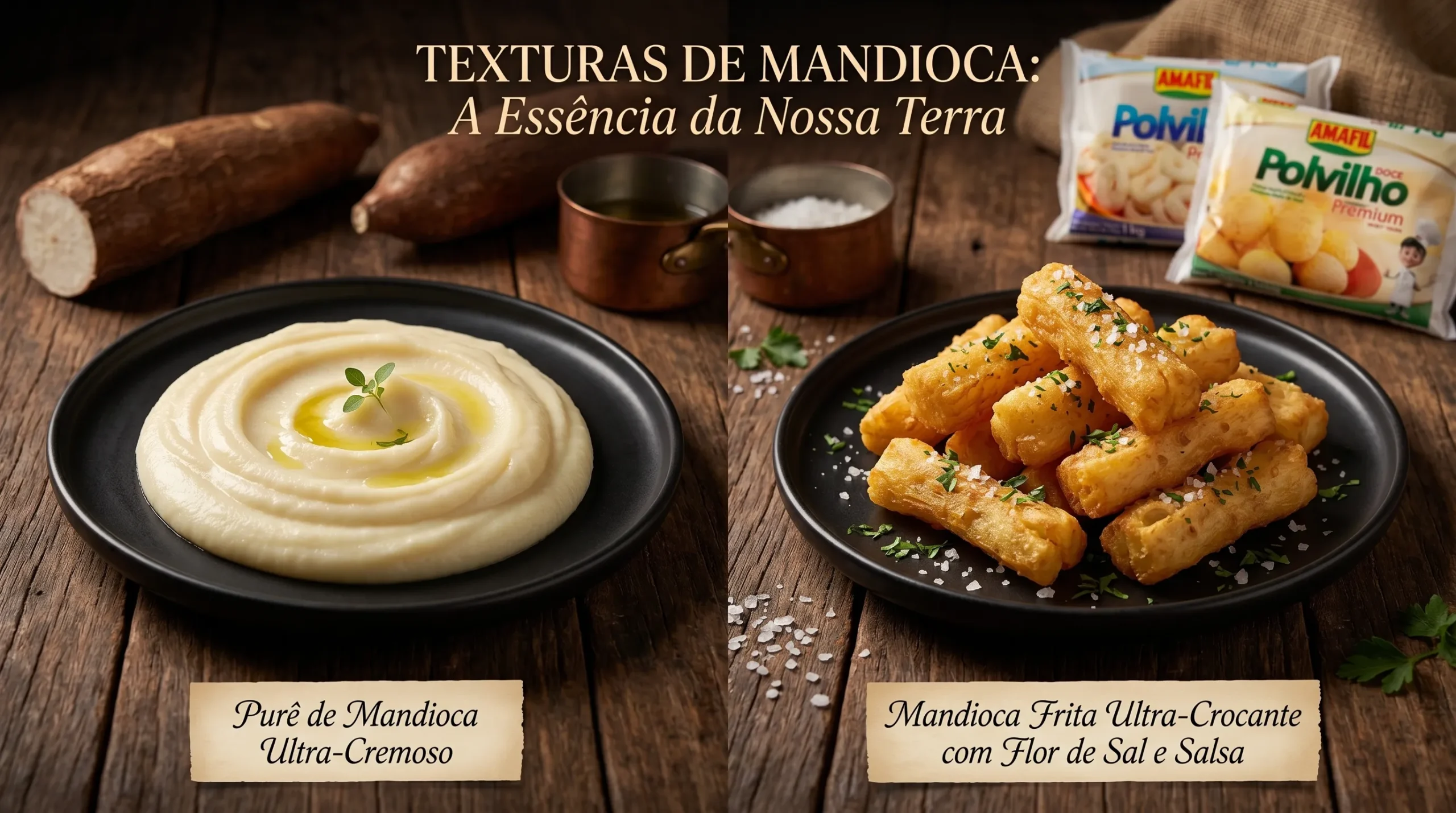 Comparação de purê liso de mandioca e mandioca frita crocante dourada