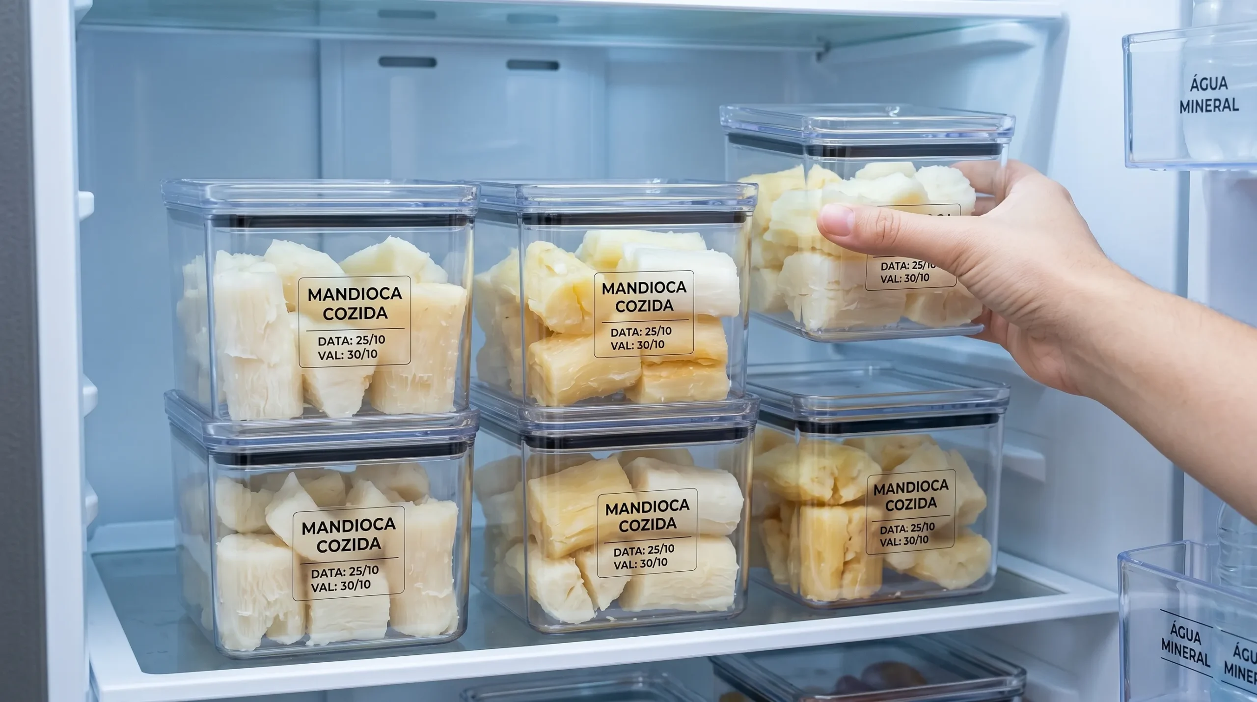 Potes de acrílico herméticos organizando alimentos dentro da geladeira.