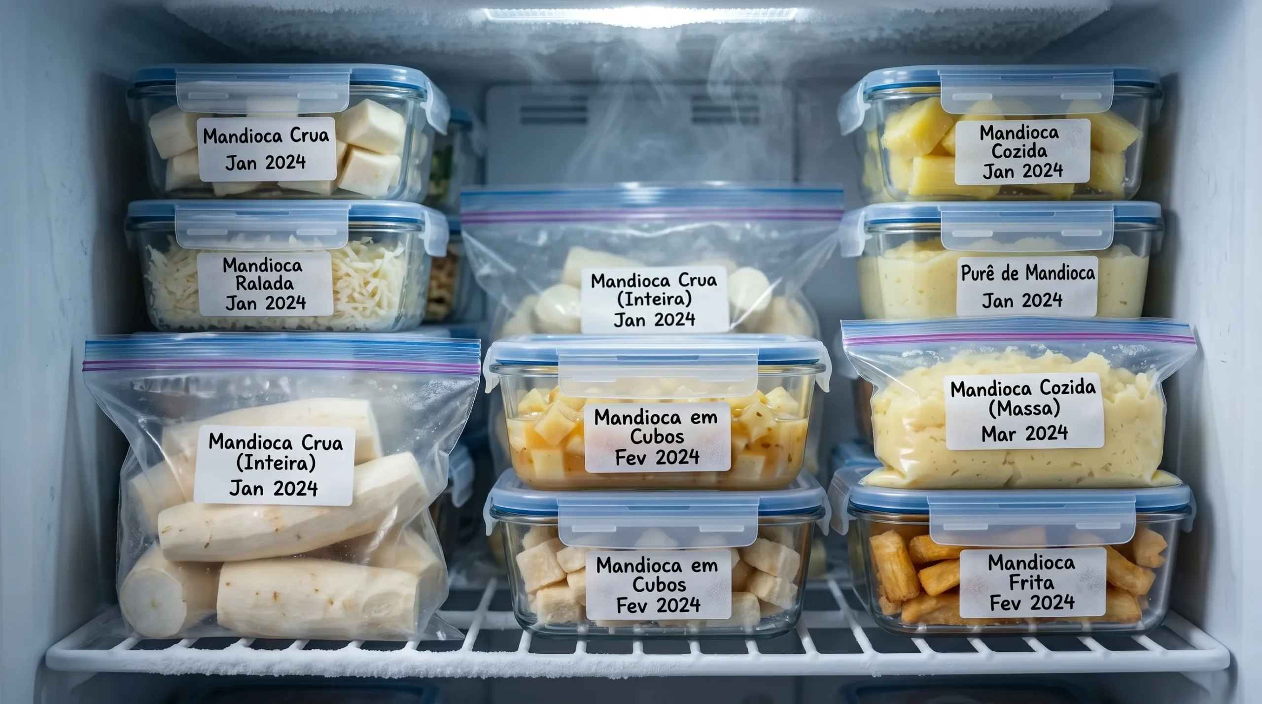 Freezer organizado com potes e sacos de mandioca rotulados por tipo e data