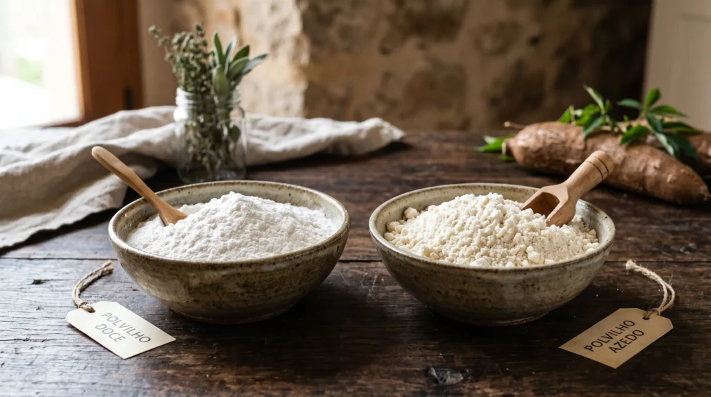Comparação entre polvilho doce e polvilho azedo em tigelas rústicas sobre a mesa.