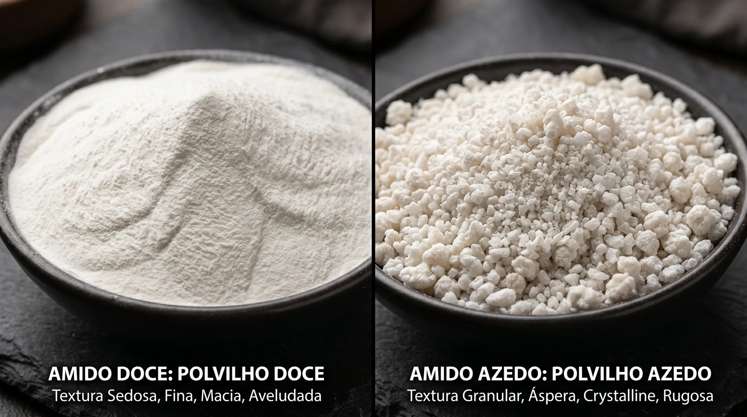 Detalhe macro da diferença de textura entre o polvilho doce e o azedo.