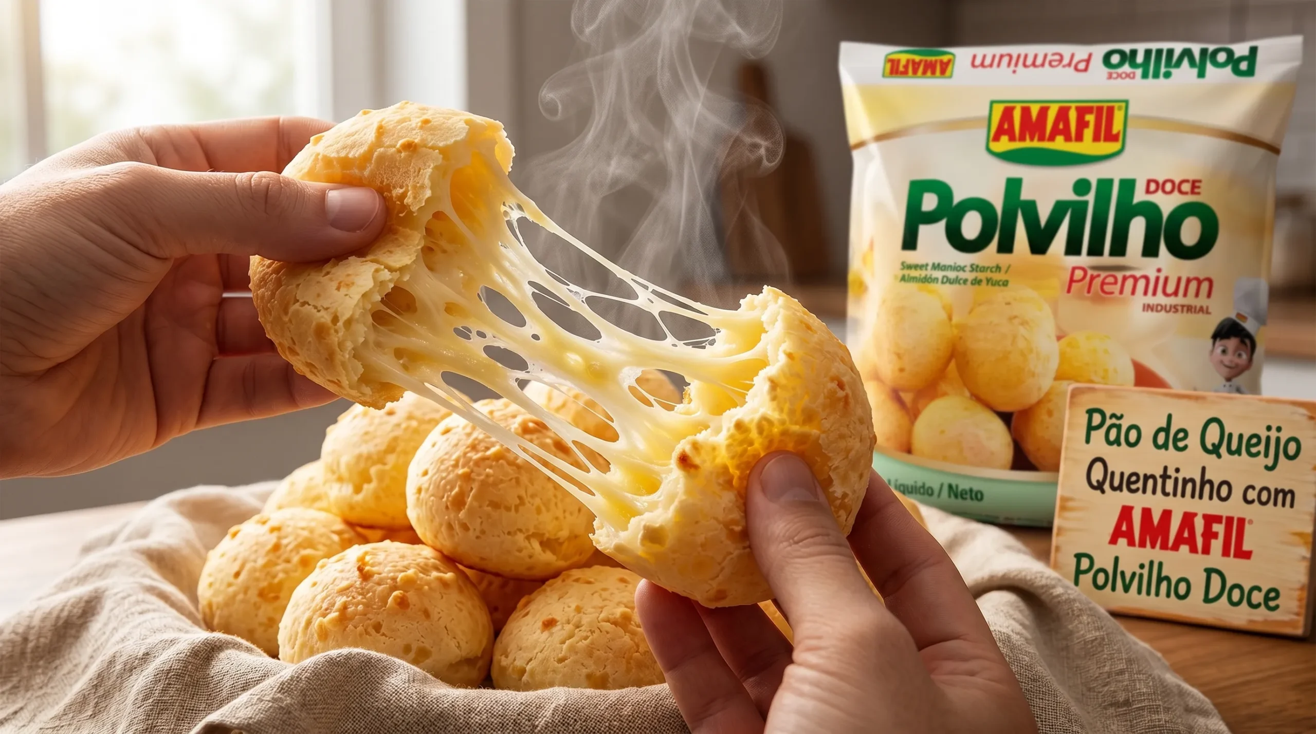 Pão de queijo dourado partido ao meio revelando miolo elástico e puxando queijo com fumaça