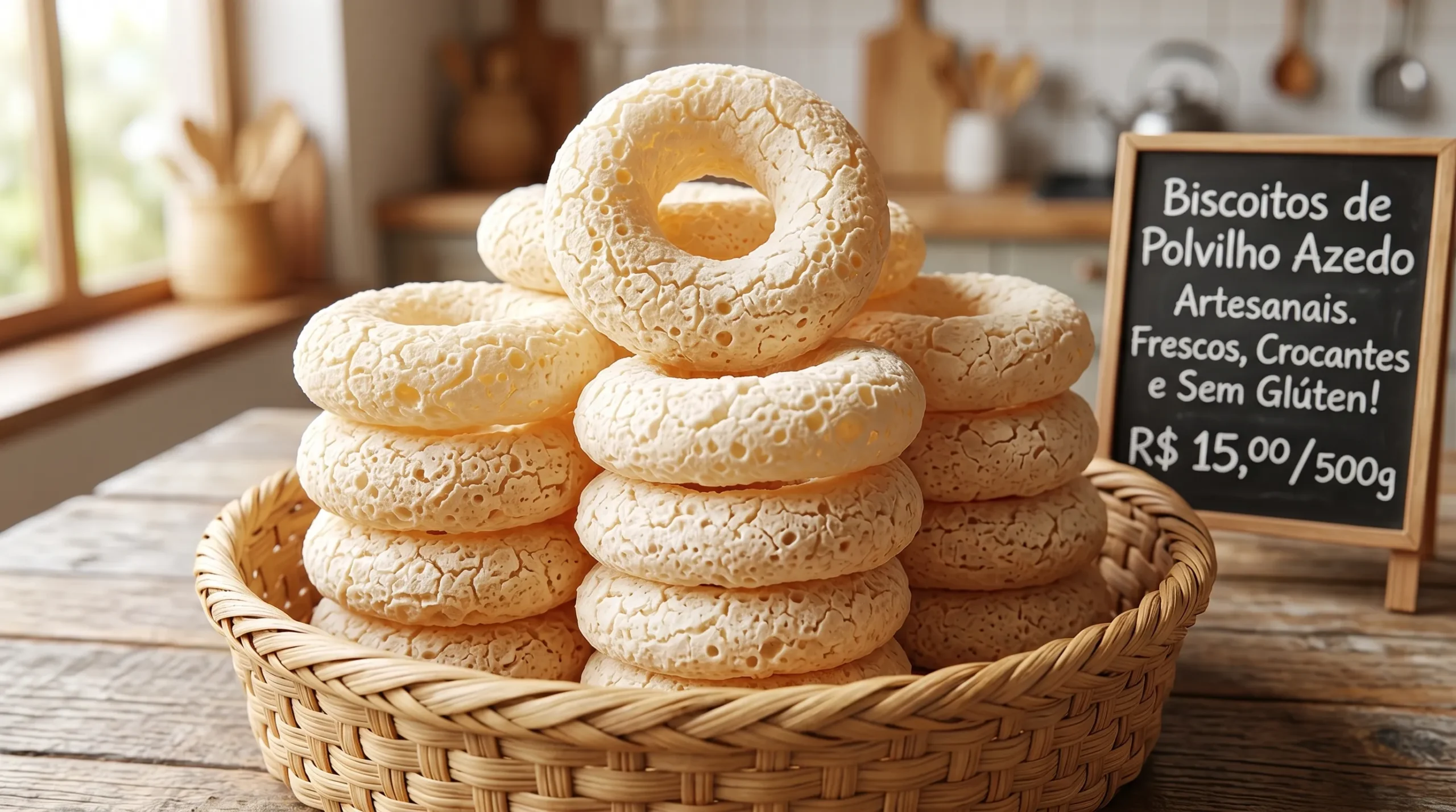 Biscoitos de polvilho azedo assados, grandes e crocantes dentro de uma cesta