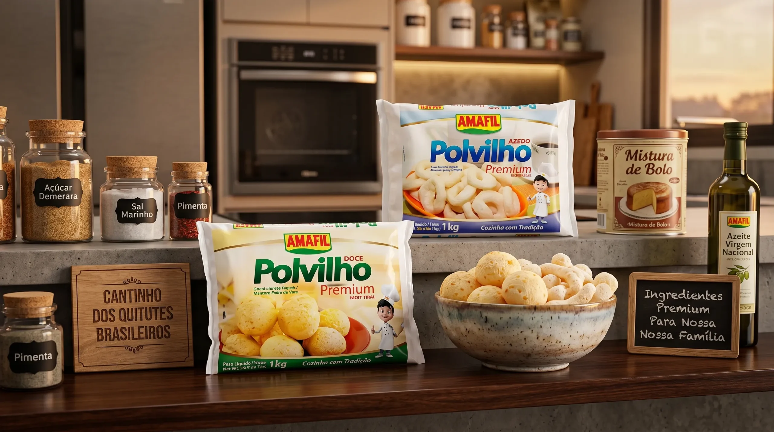Pacotes de polvilho doce e azedo Amafil organizados na despensa da cozinha.