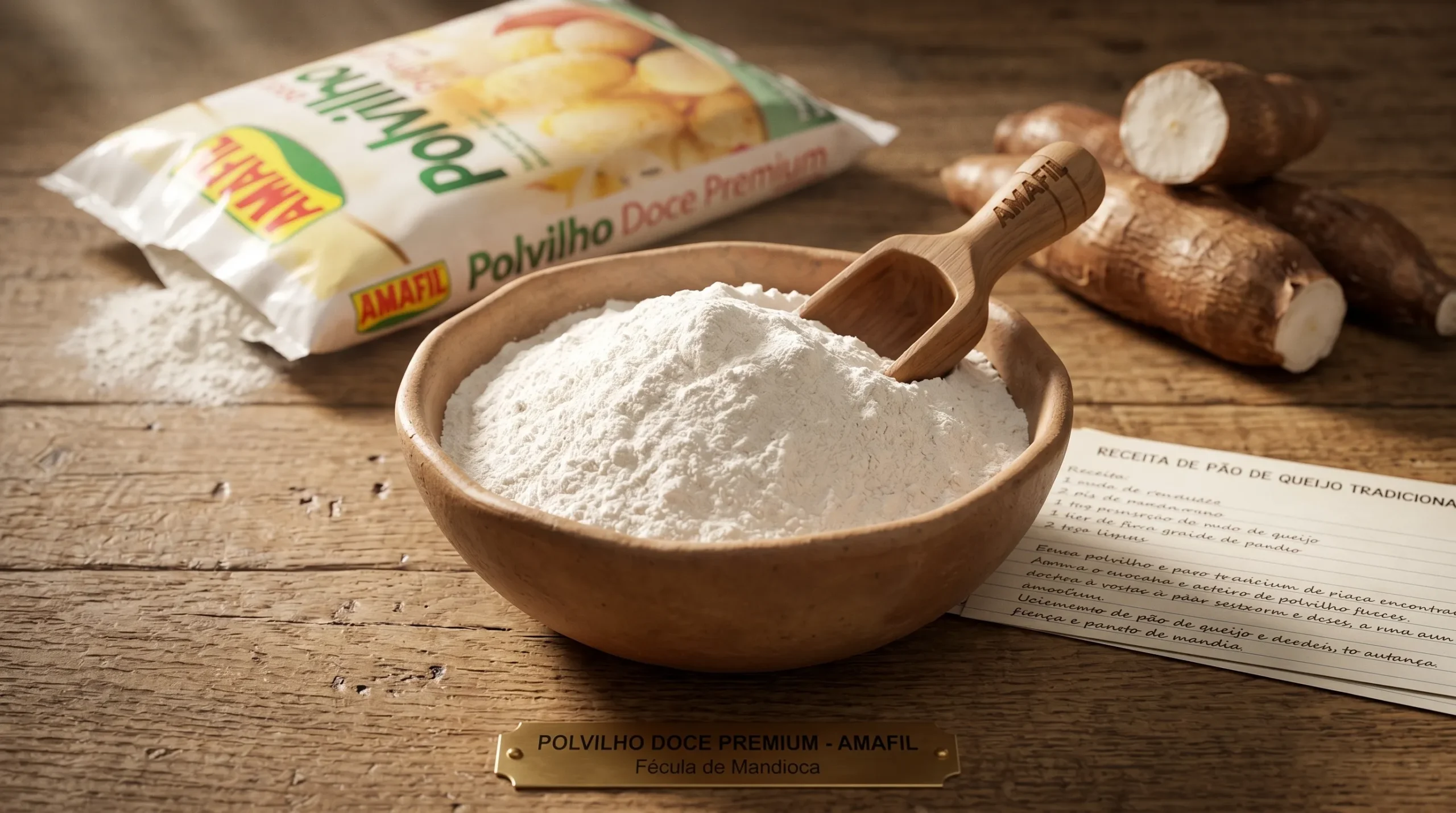 Amido de mandioca puro e fino em formato de polvilho doce dentro de uma tigela de barro.