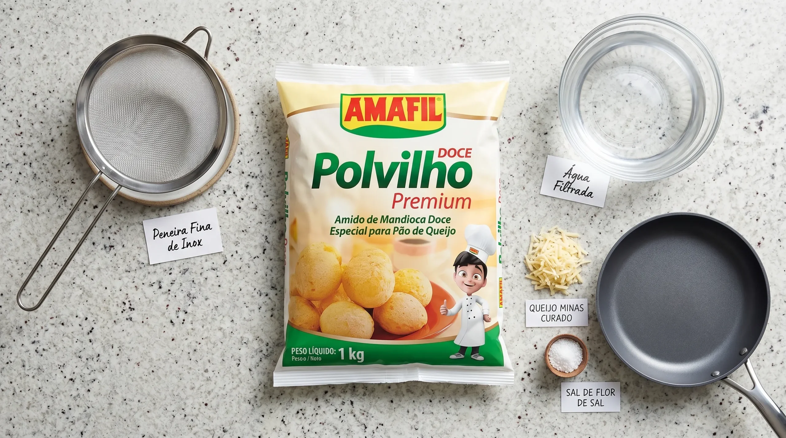 Pacote de polvilho doce ao lado de peneira de inox, tigela de água e frigideira antiaderente na bancada.