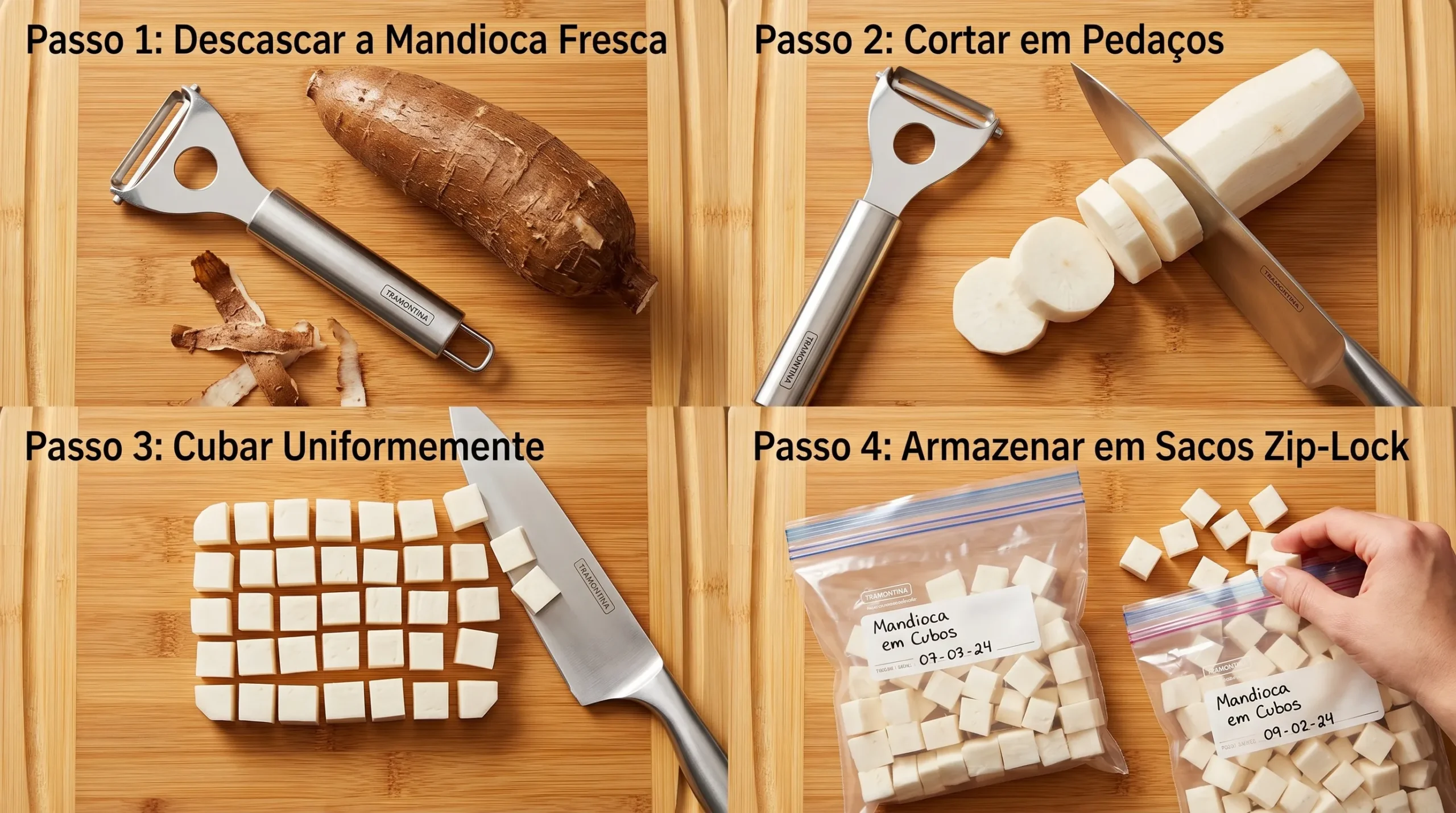Passo a passo de como congelar mandioca crua descascada em sacos plásticos