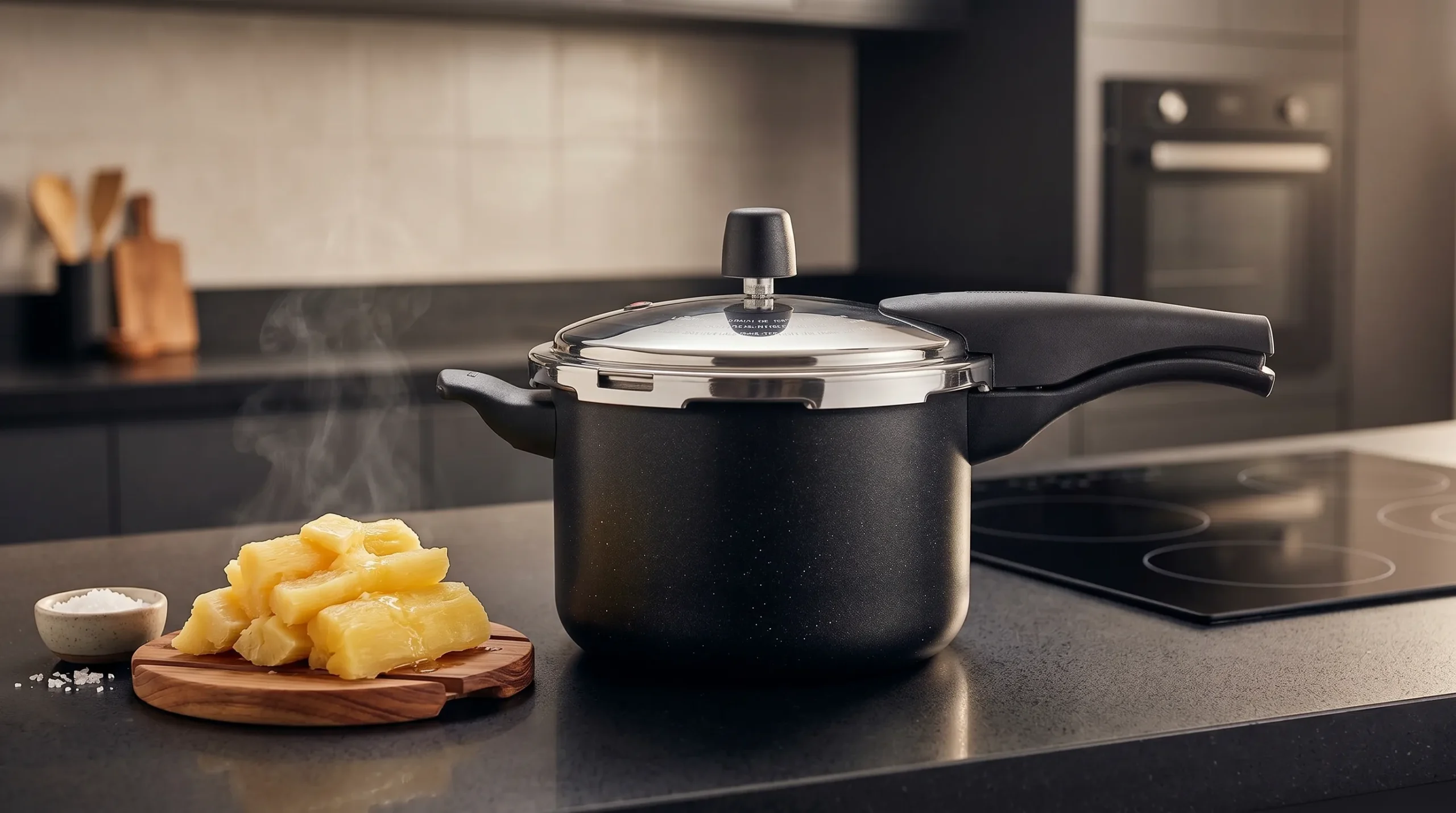 Panela de pressão preta Tramontina Vancouver na bancada da cozinha.