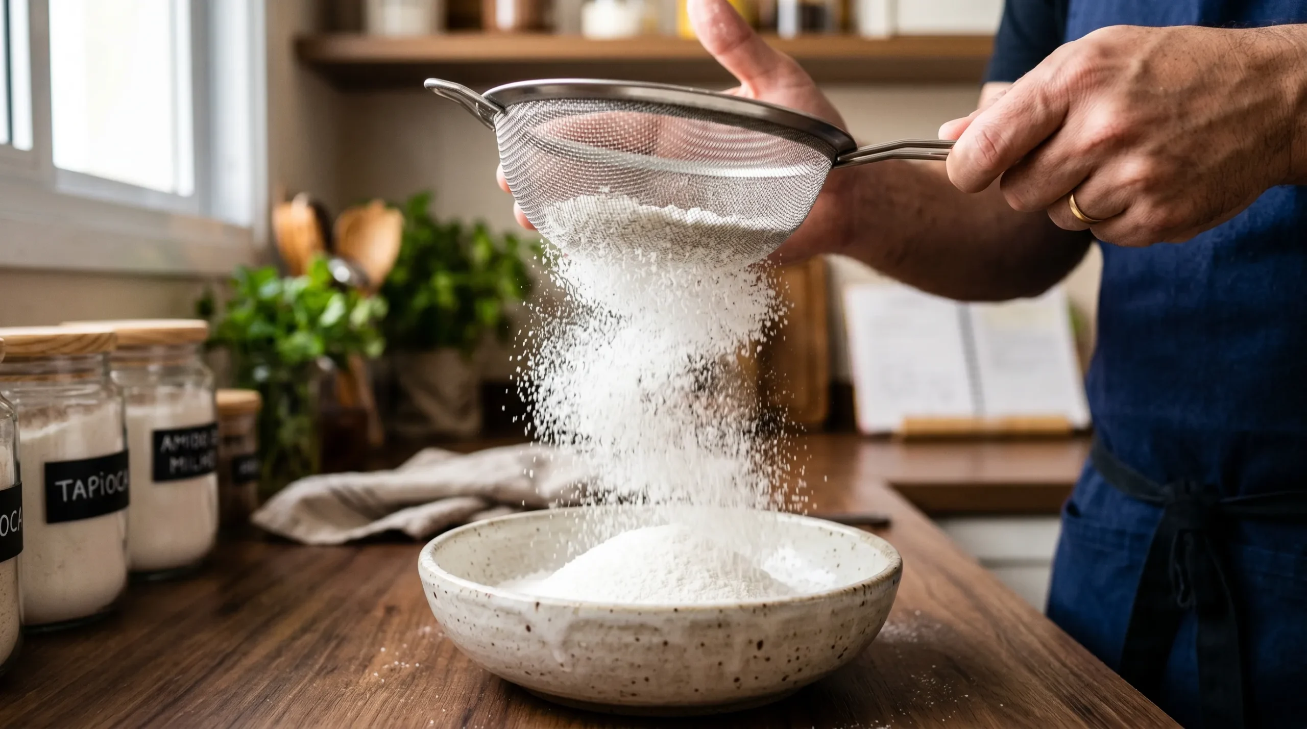 Peneirando goma de tapioca hidratada criando uma farinha fina e fofa.