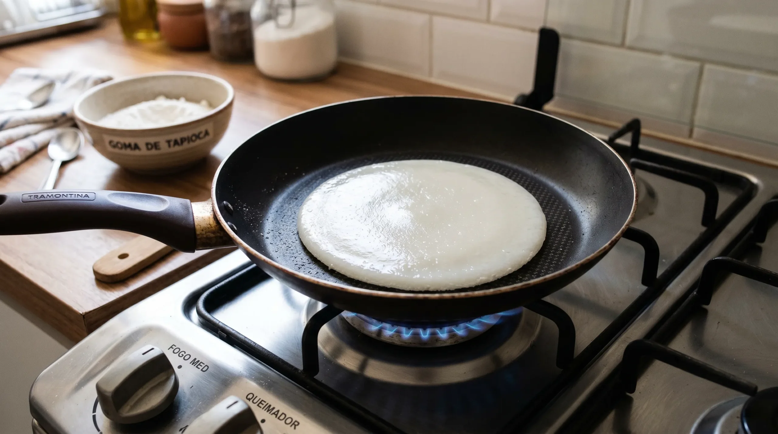 Goma de tapioca unindo as partículas de forma homogênea dentro de uma frigideira antiaderente.