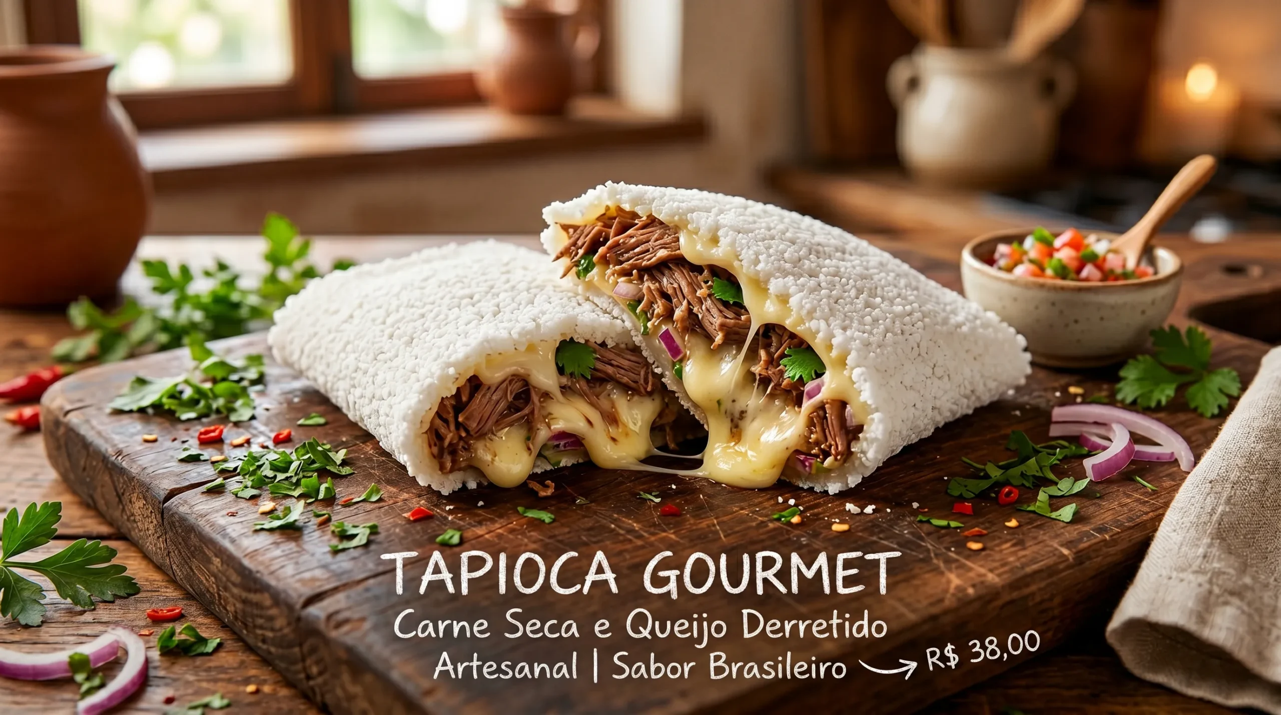 Crepe ou wrap de tapioca cortado ao meio recheado com queijo derretido e carne louca.