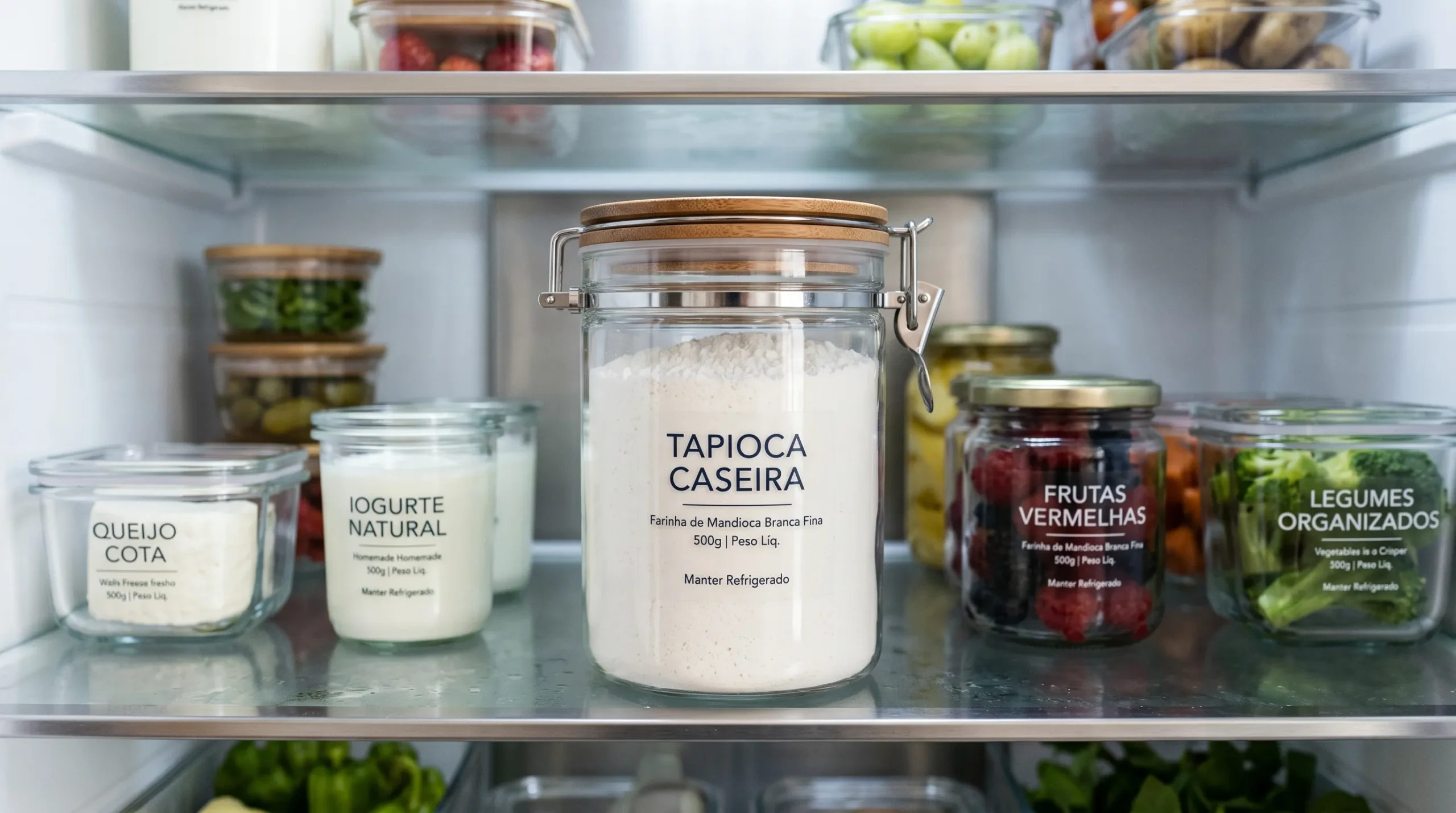 Pote hermético de acrílico transparente com etiqueta armazenando goma de tapioca na geladeira.