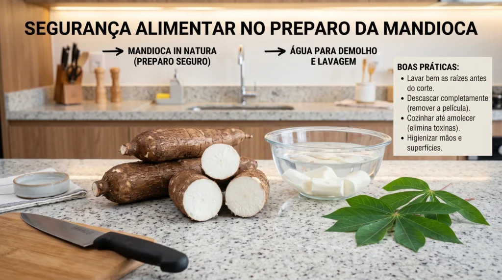 Raízes de mandioca cortadas ao meio expostas em uma bancada limpa de cozinha.