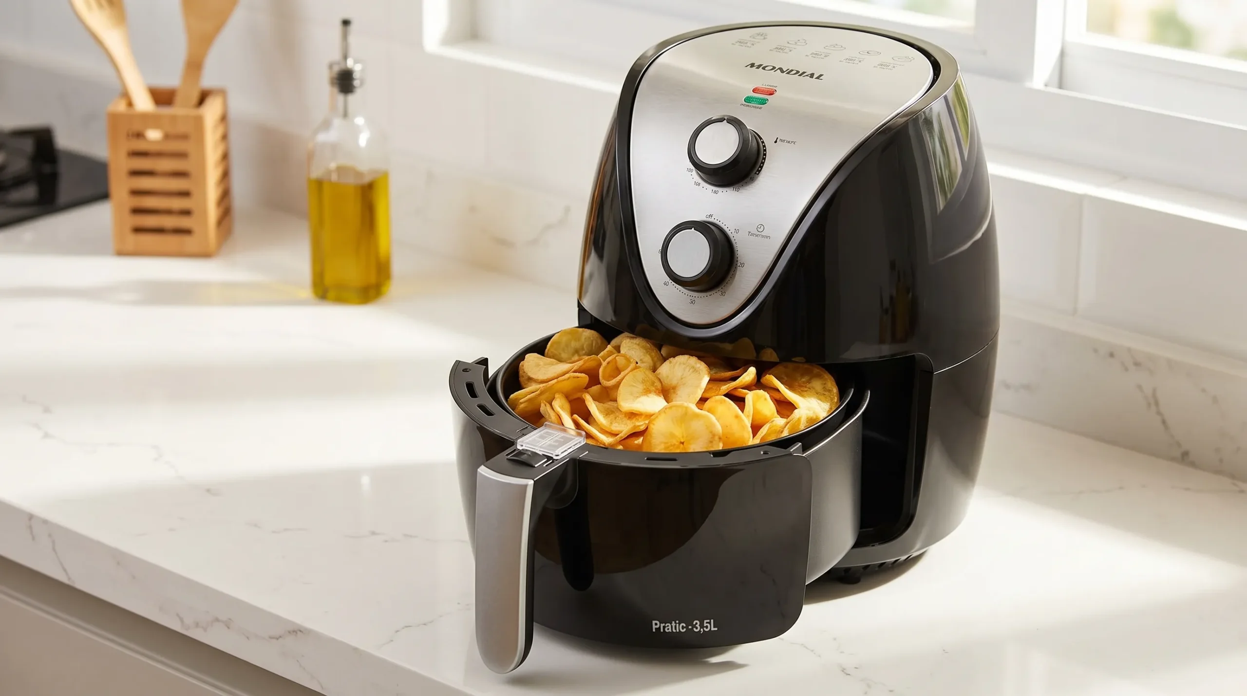 Fritadeira Air Fryer Mondial aberta com mandioca frita crocante dentro.