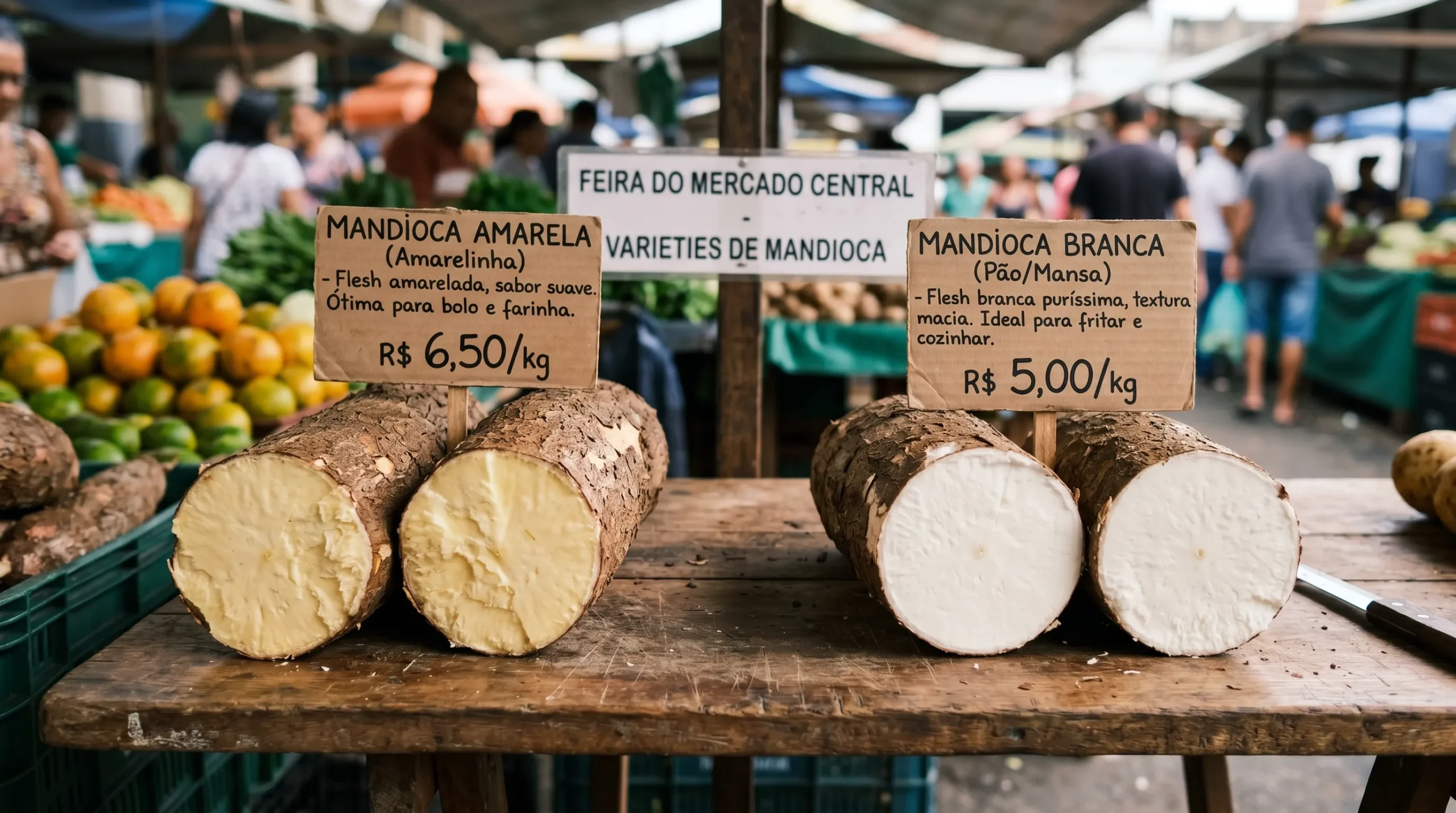 Comparação visual de dois tipos de mandioca crua sobre uma mesa de madeira.