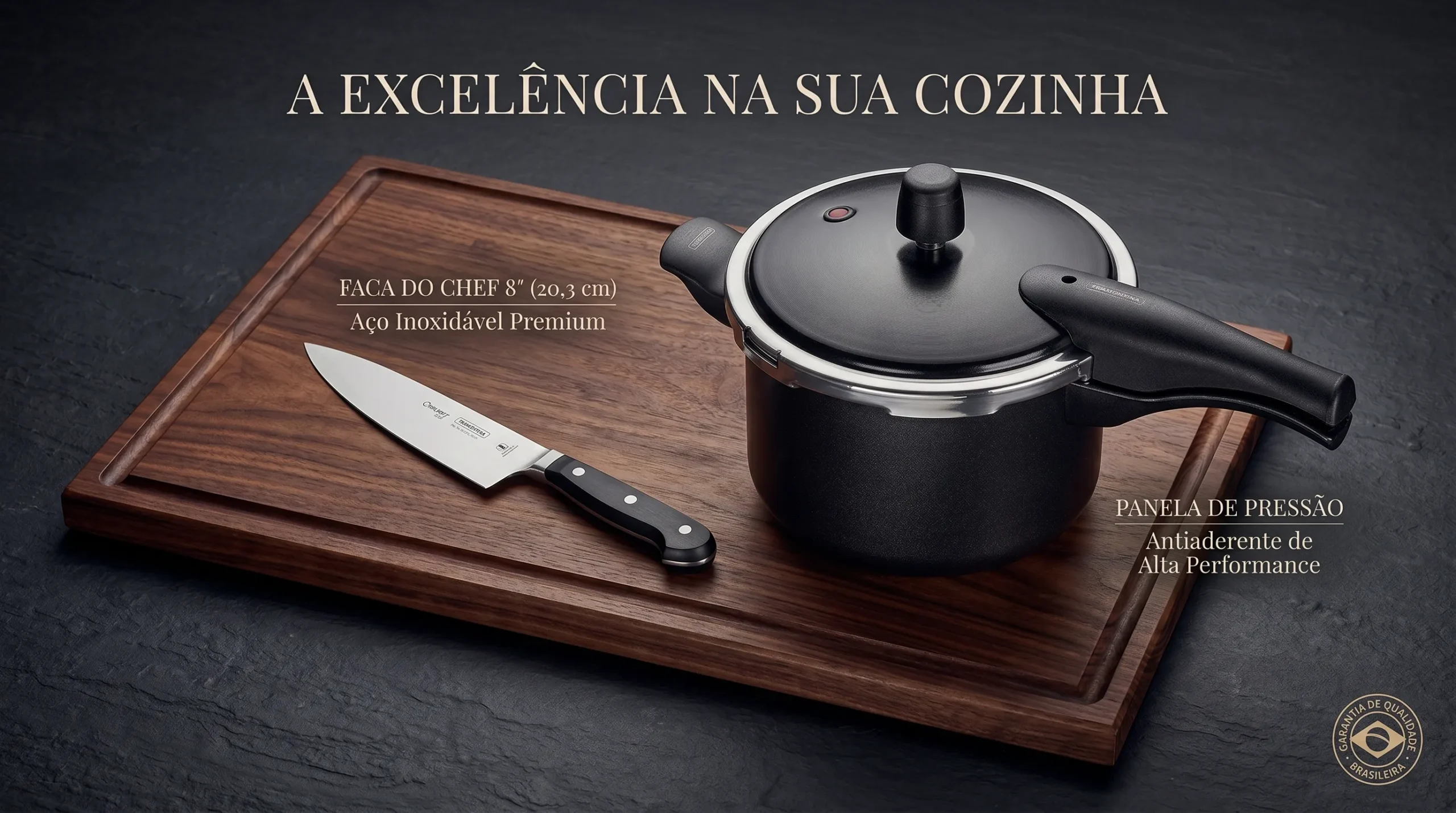 Panela de pressão preta Tramontina Vancouver ao lado de faca de chef Tramontina Century.