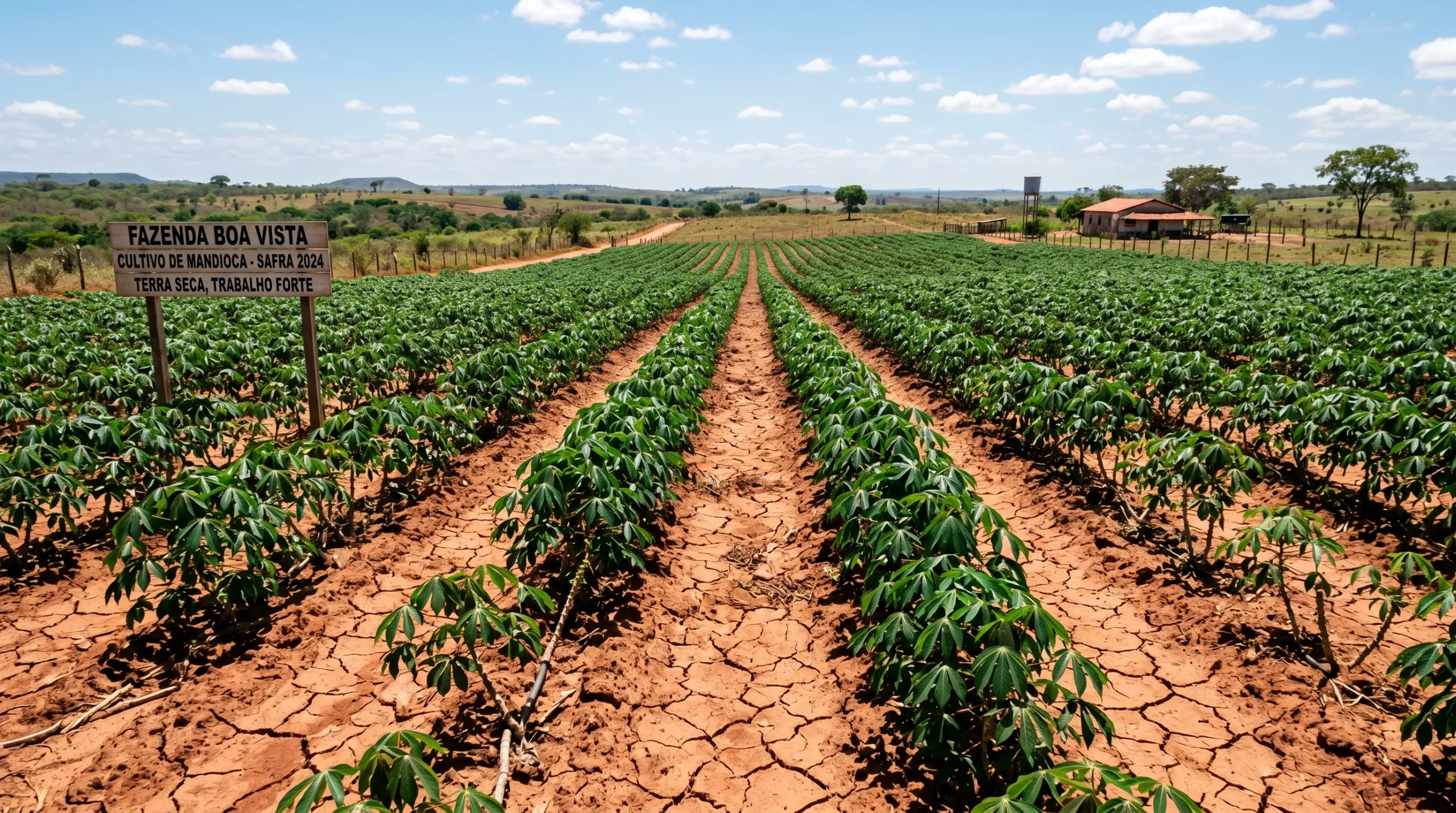 Plantação de mandioca com folhas verdes crescendo em solo firme.