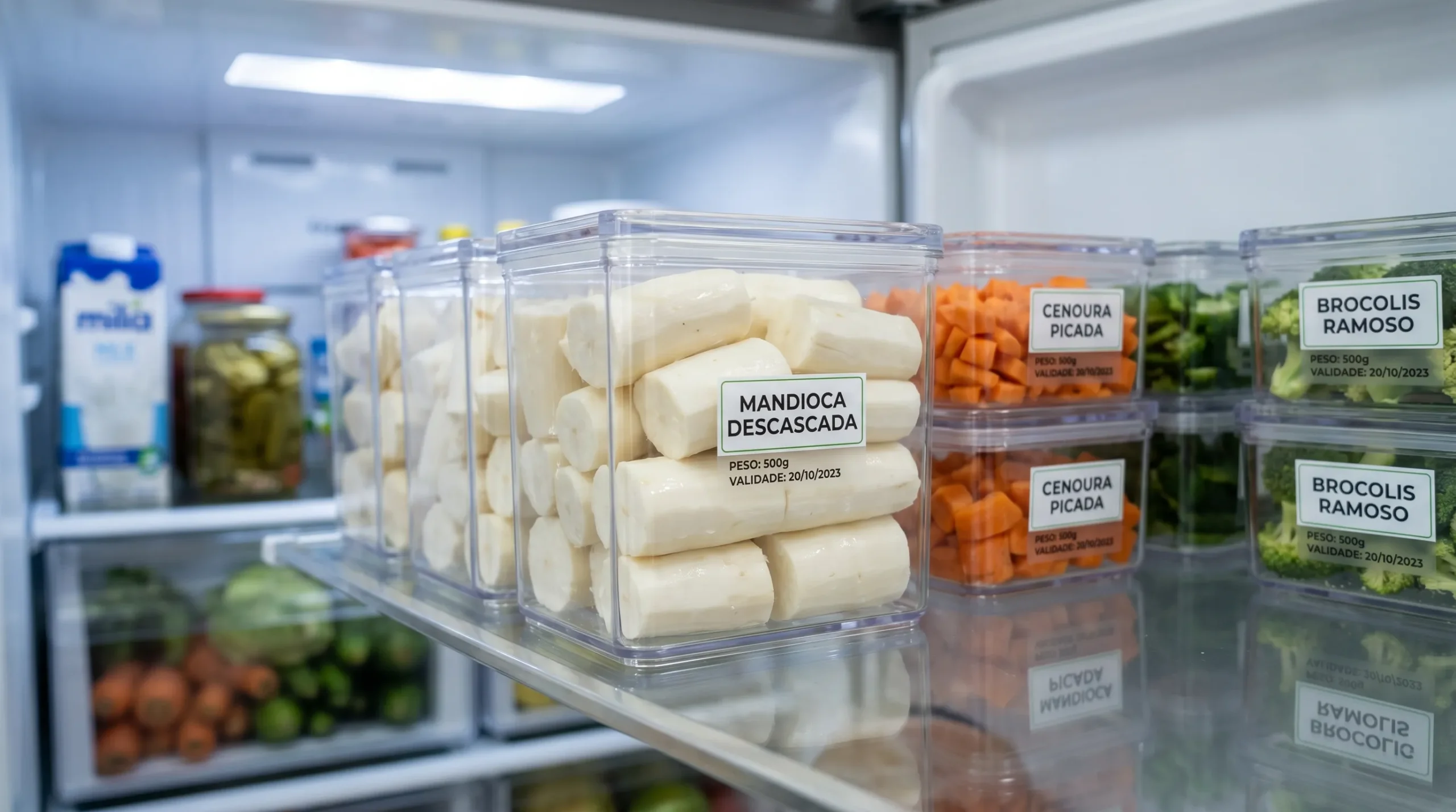 Pedaços de aipim limpos armazenados em potes transparentes na geladeira.