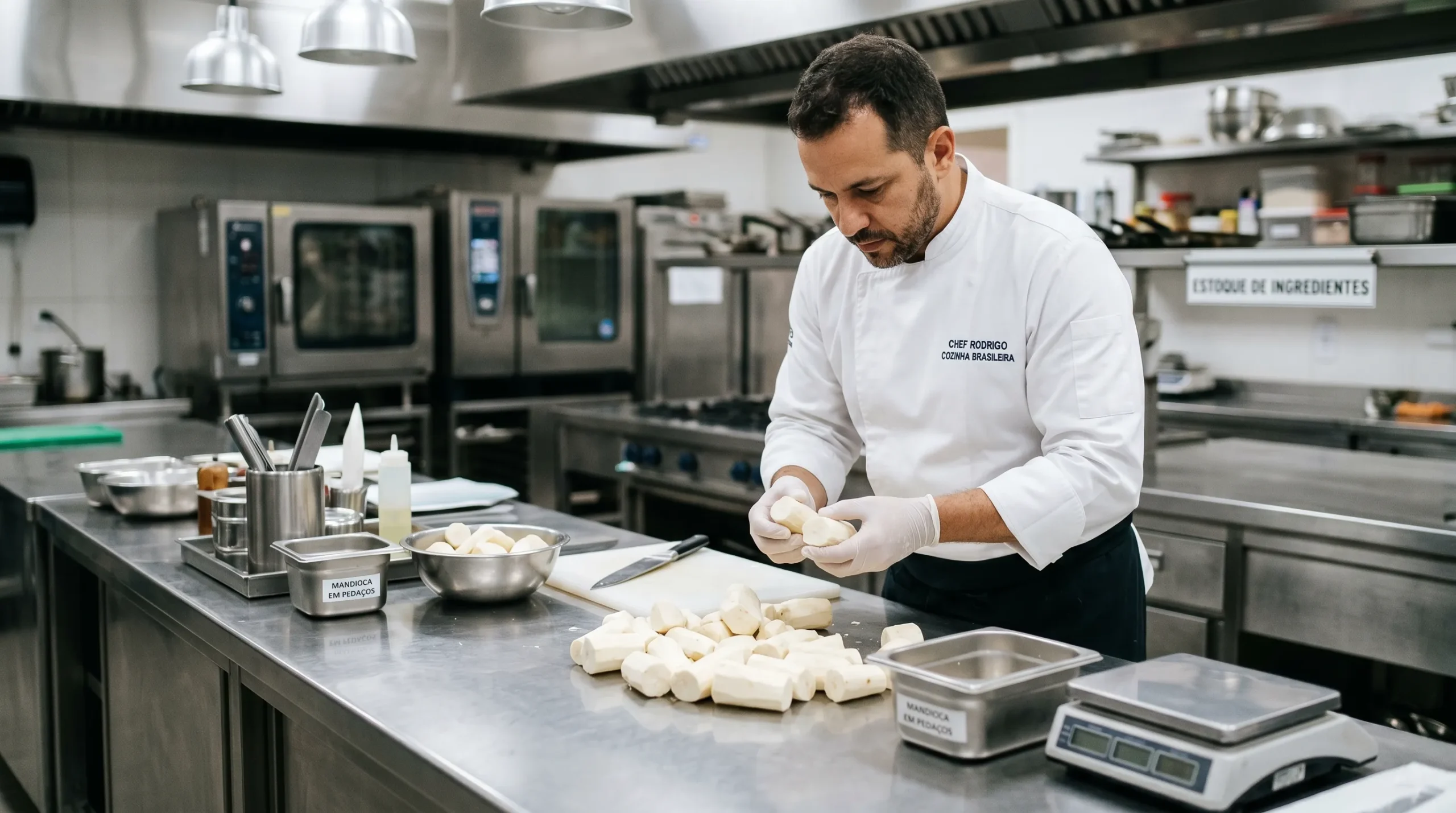 Cozinheiro profissional inspecionando pedaços limpos de aipim na bancada de inox.