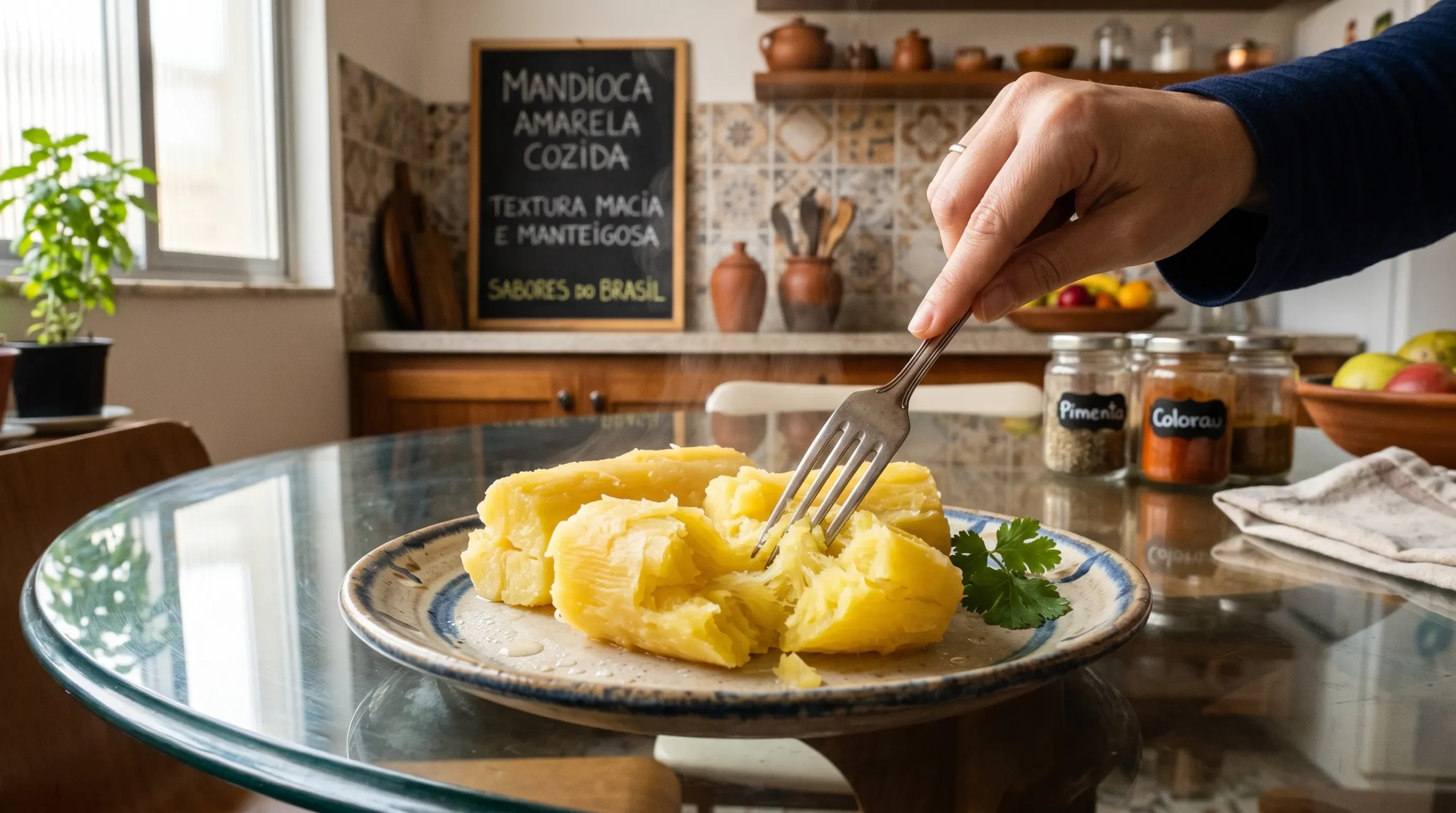 Garfo abrindo um pedaço de mandioca cozida amarela muito macia.
