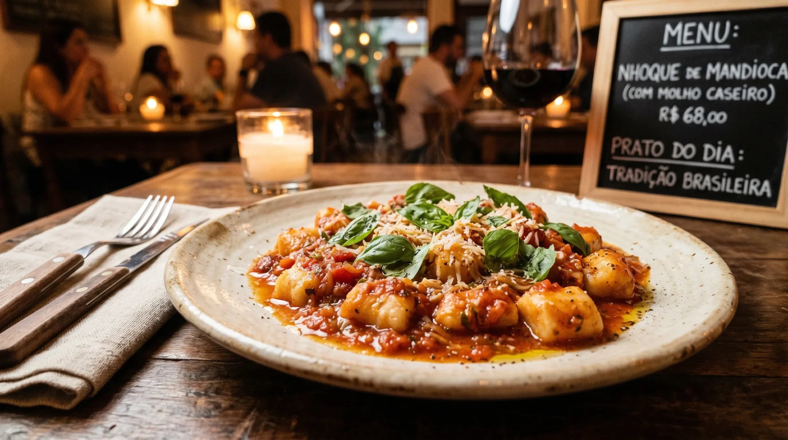 Prato de nhoque de mandioca com molho de tomate caseiro e manjericão.