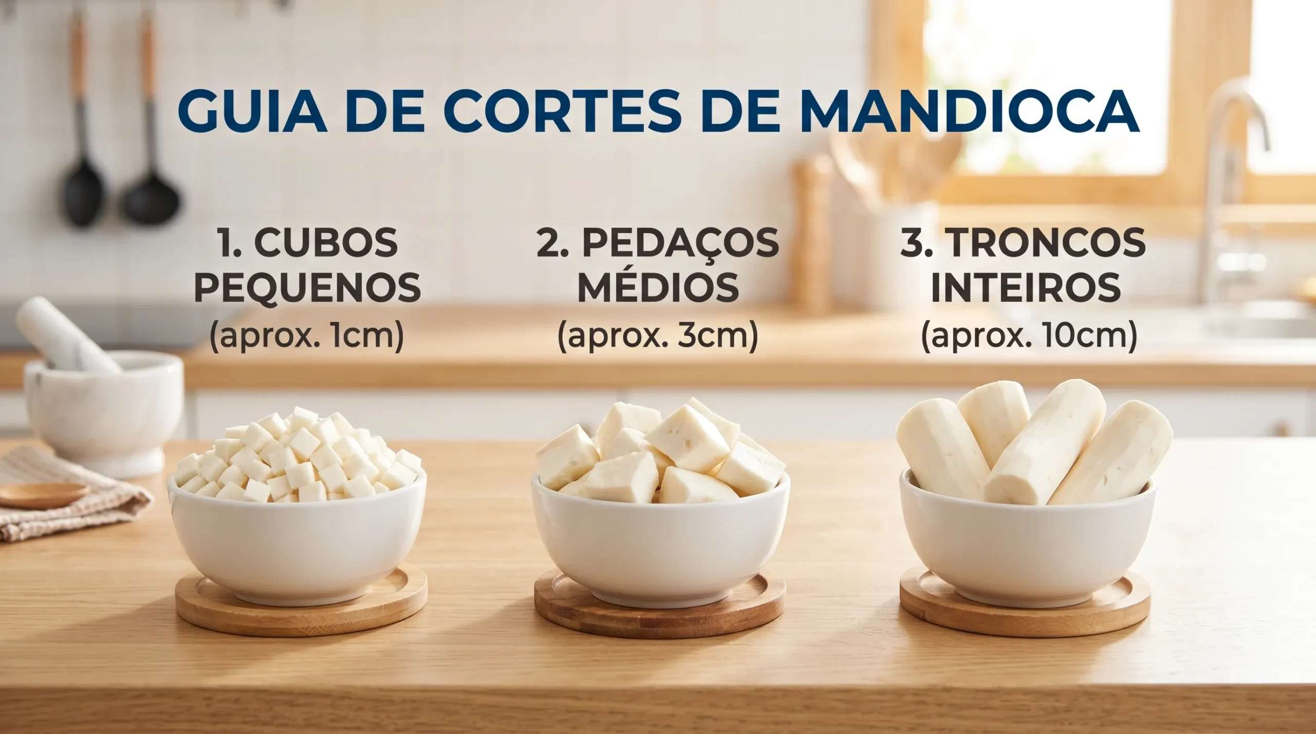 Diferentes tamanhos de cortes de mandioca para cozimento.