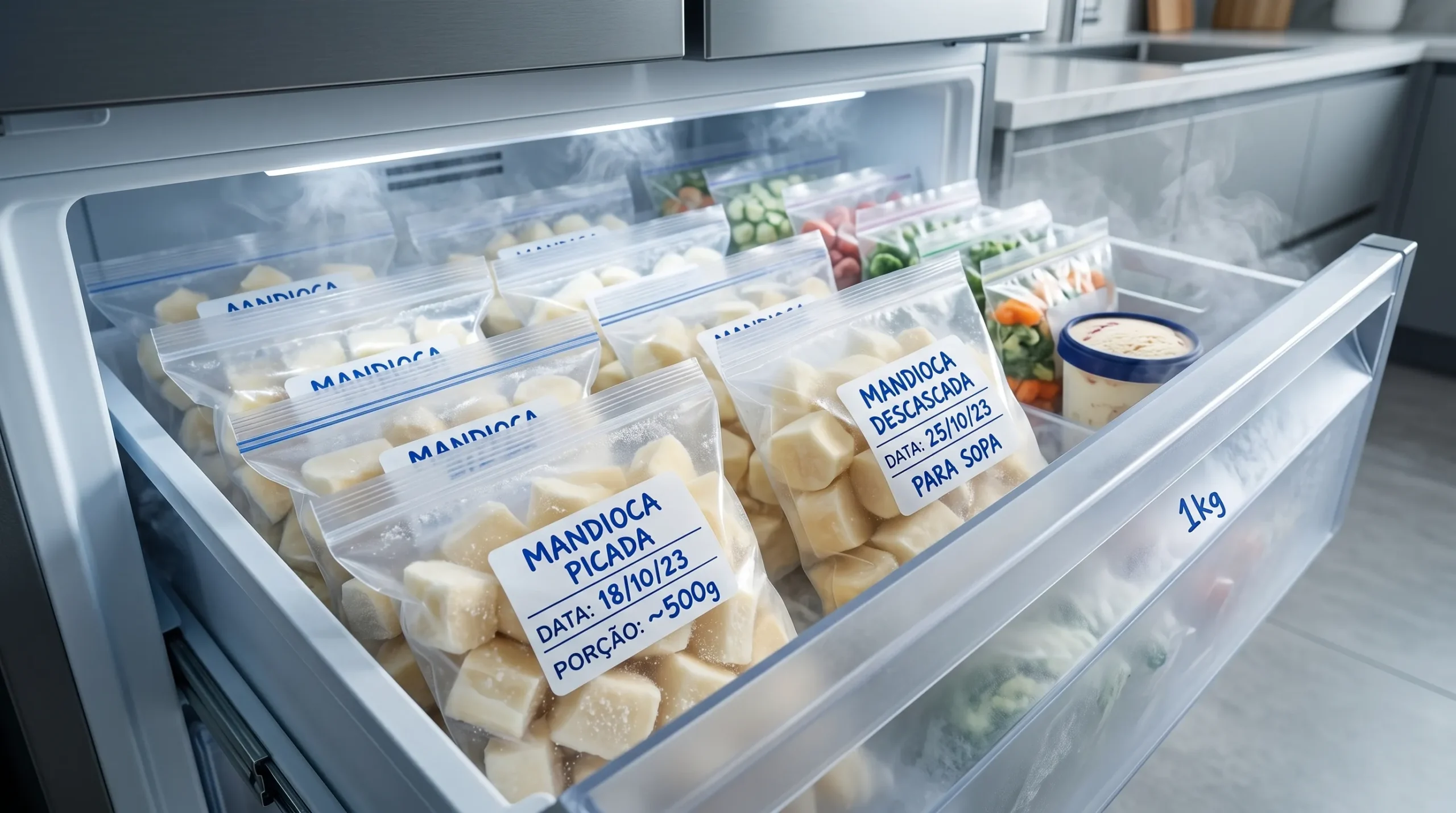 Freezer organizado com mandioca congelada etiquetada com data de validade