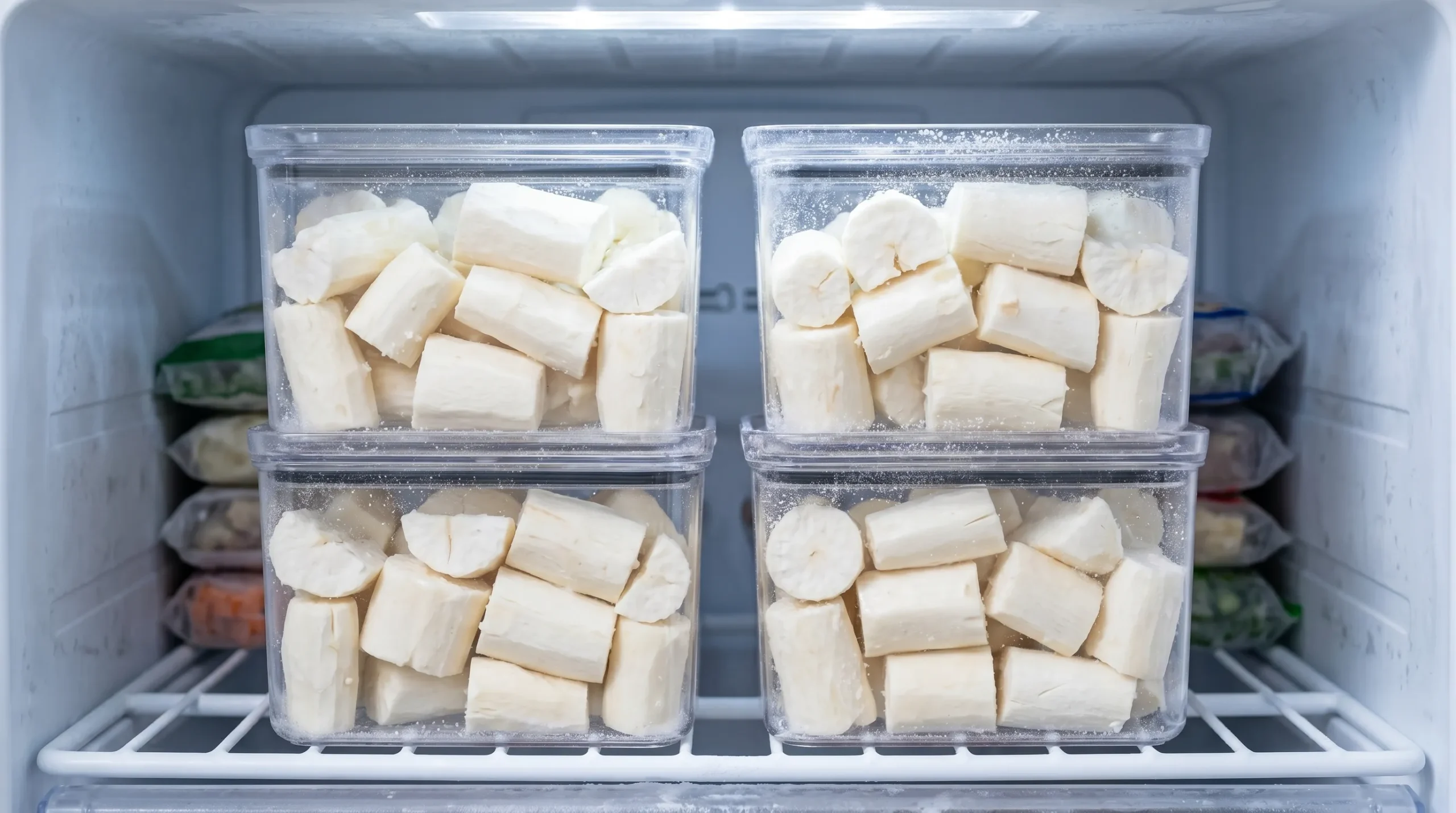 Potes herméticos com mandioca porcionada armazenados no freezer.