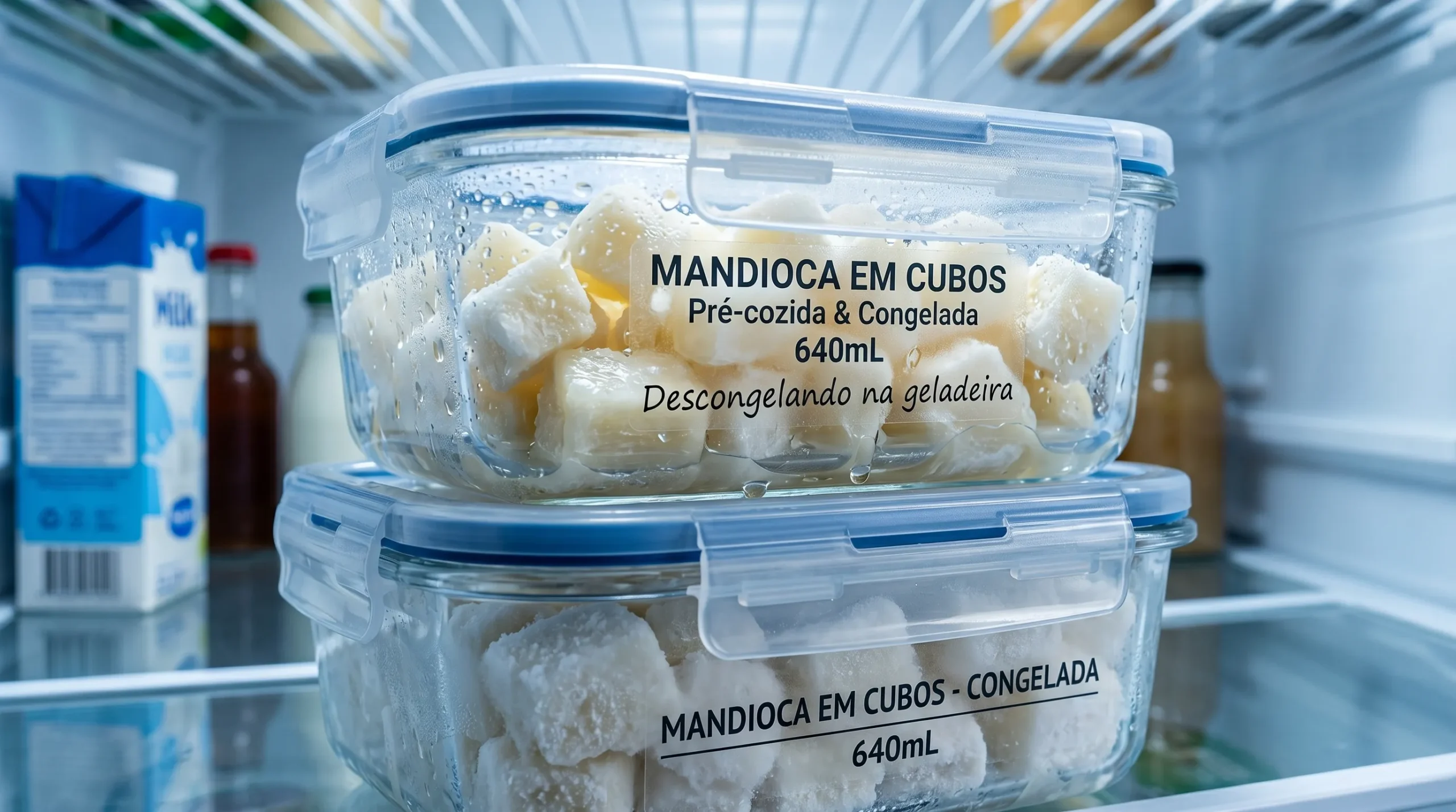 Mandioca congelada descongelando lentamente na geladeira dentro de pote hermético