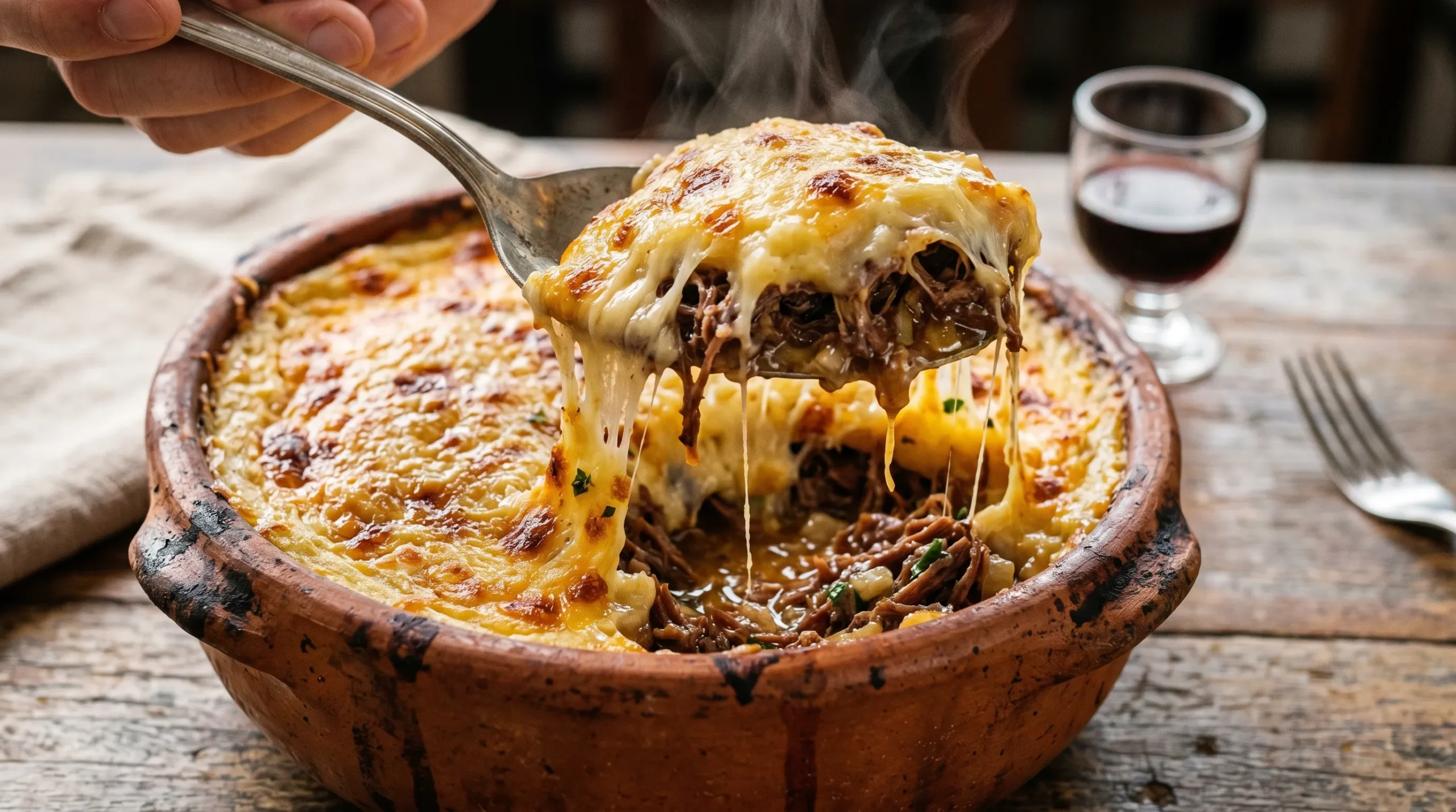 Escondidinho de carne seca com purê de mandioca gratinado saindo fumaça.