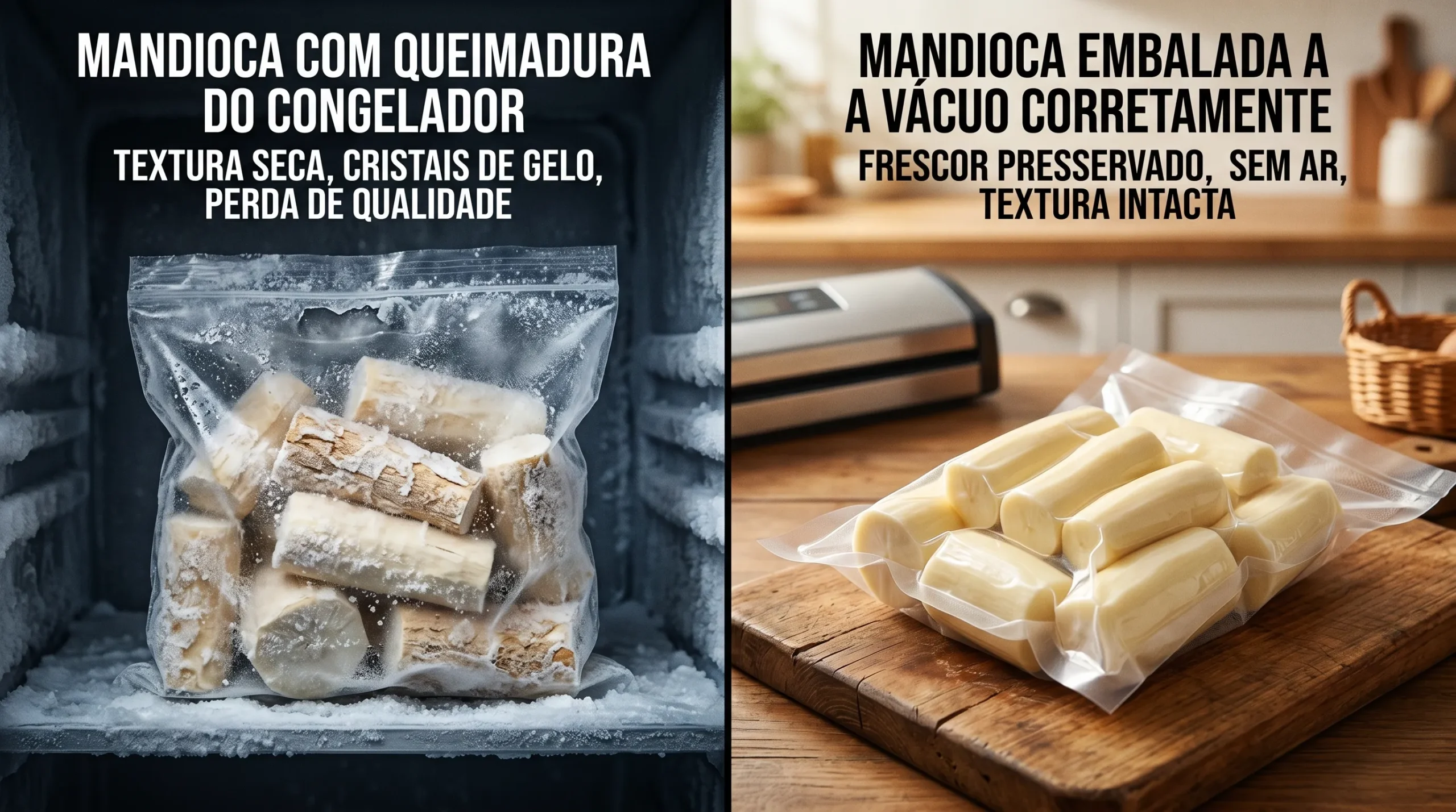 Comparação entre mandioca com queimadura de congelamento e mandioca bem selada a vácuo