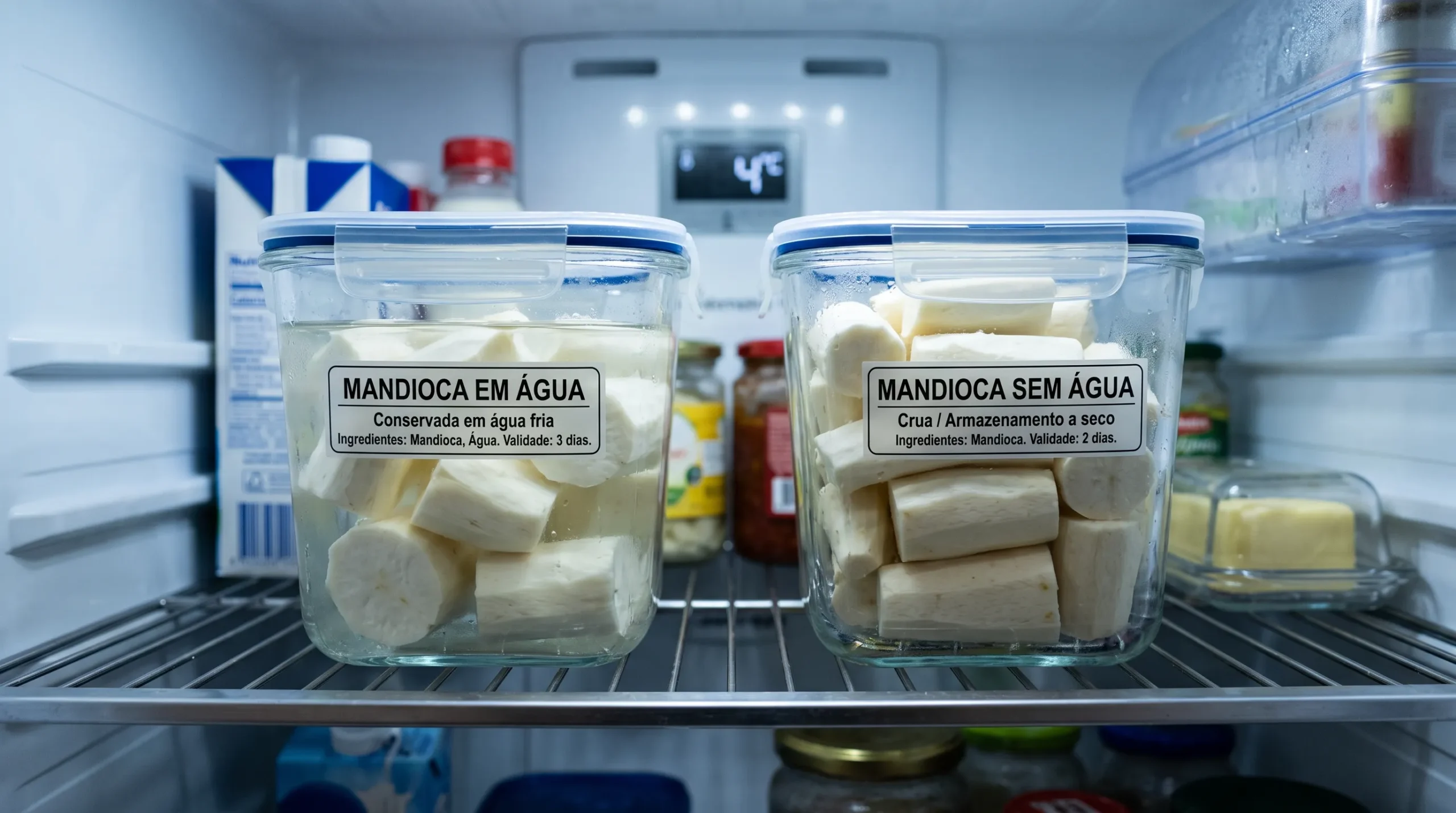 mandioca cozida com água ou sem água na geladeira comparação