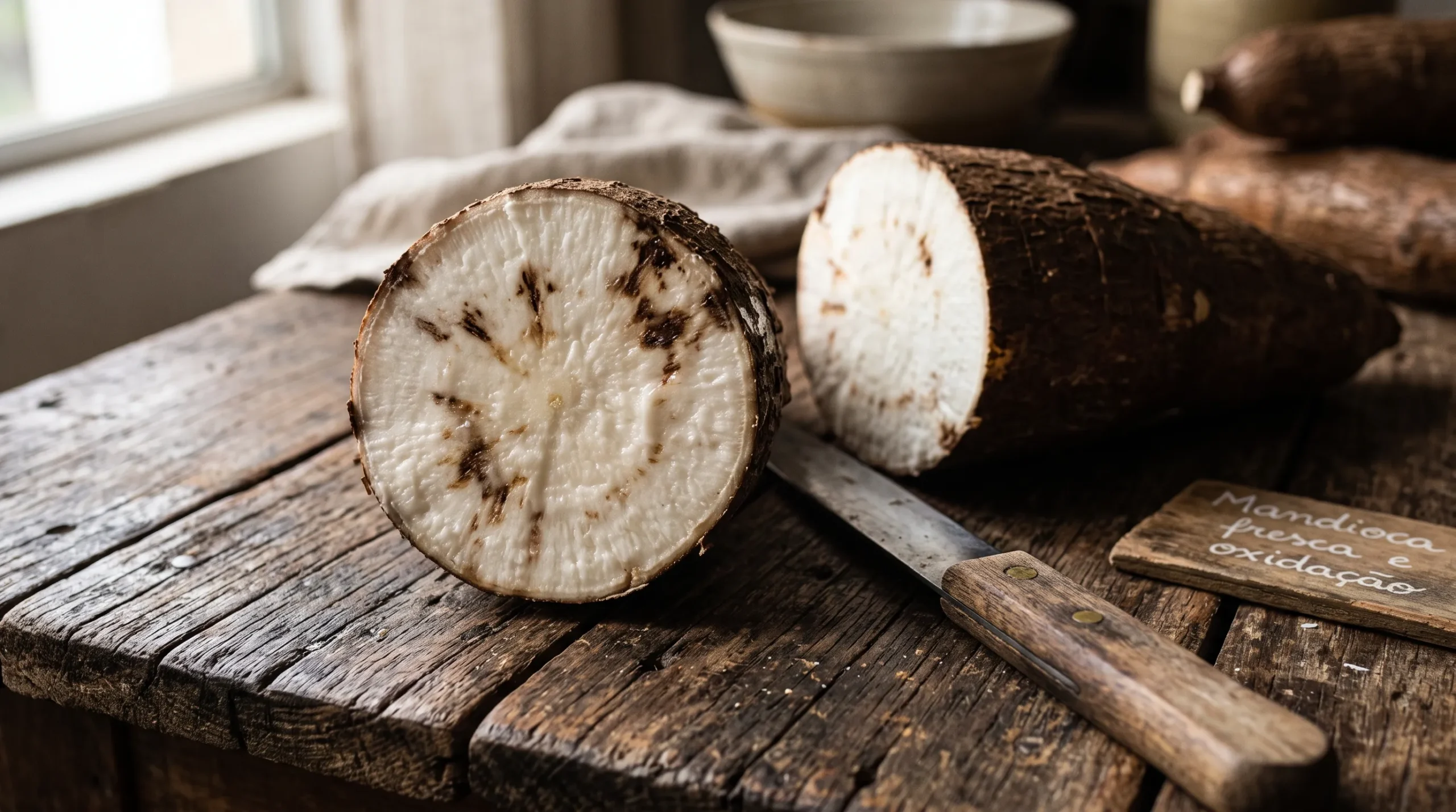 Mandioca cortada ao meio mostrando escurecimento por oxidação enzimática