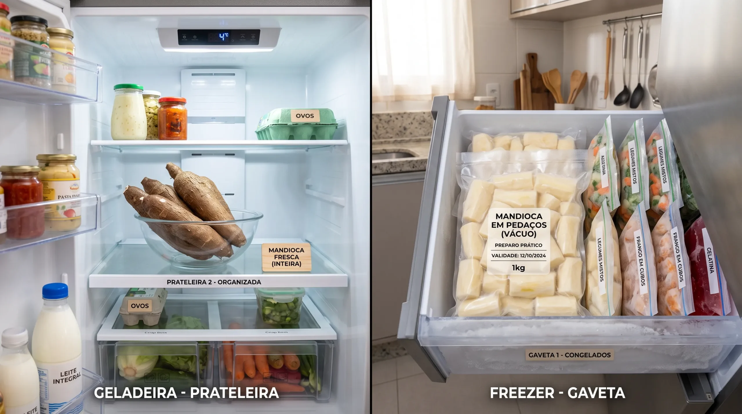 Comparação entre conservar mandioca na geladeira e no freezer — quando usar cada método
