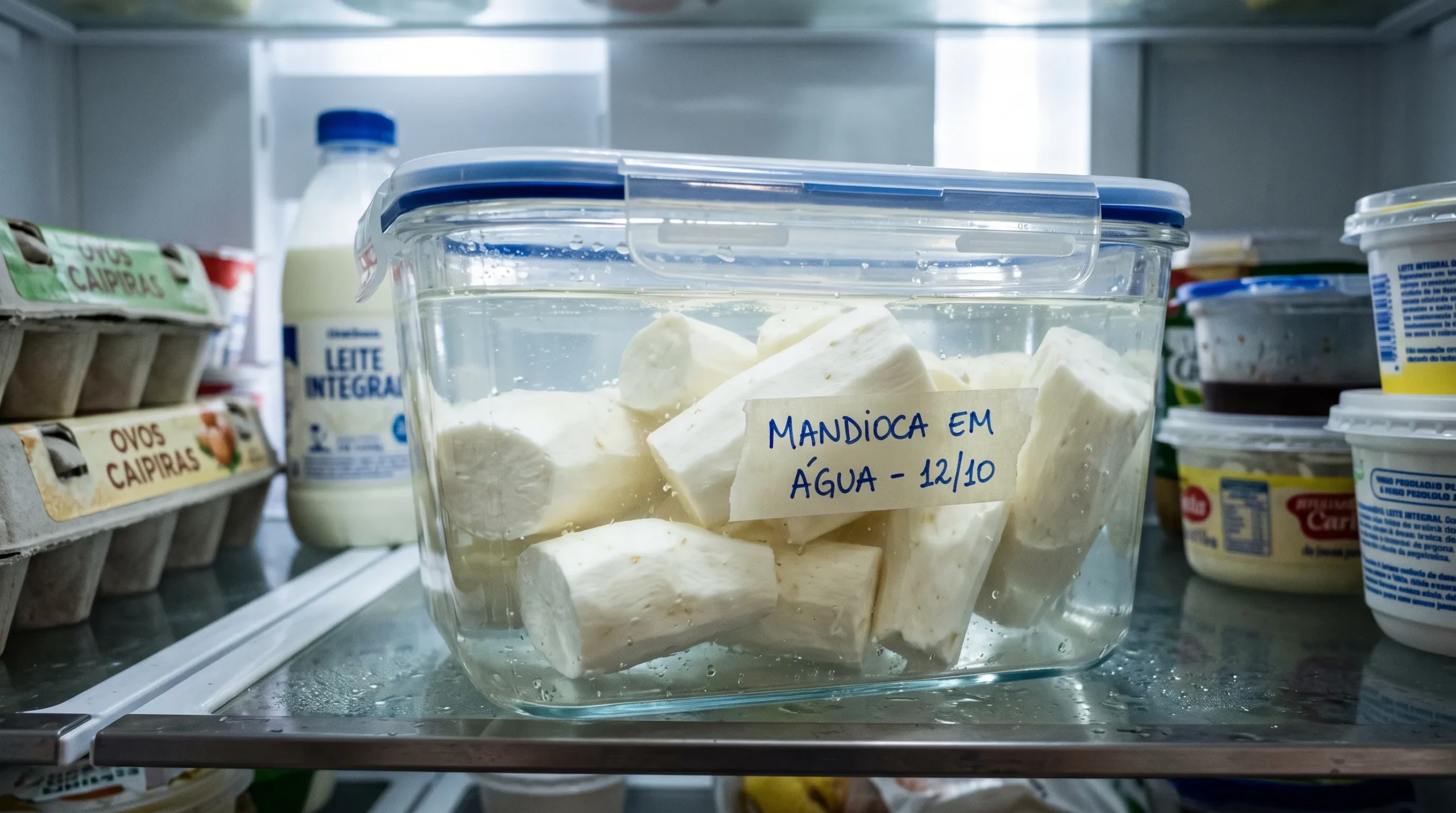 Mandioca descascada submersa em água dentro de pote hermético de vidro na geladeira