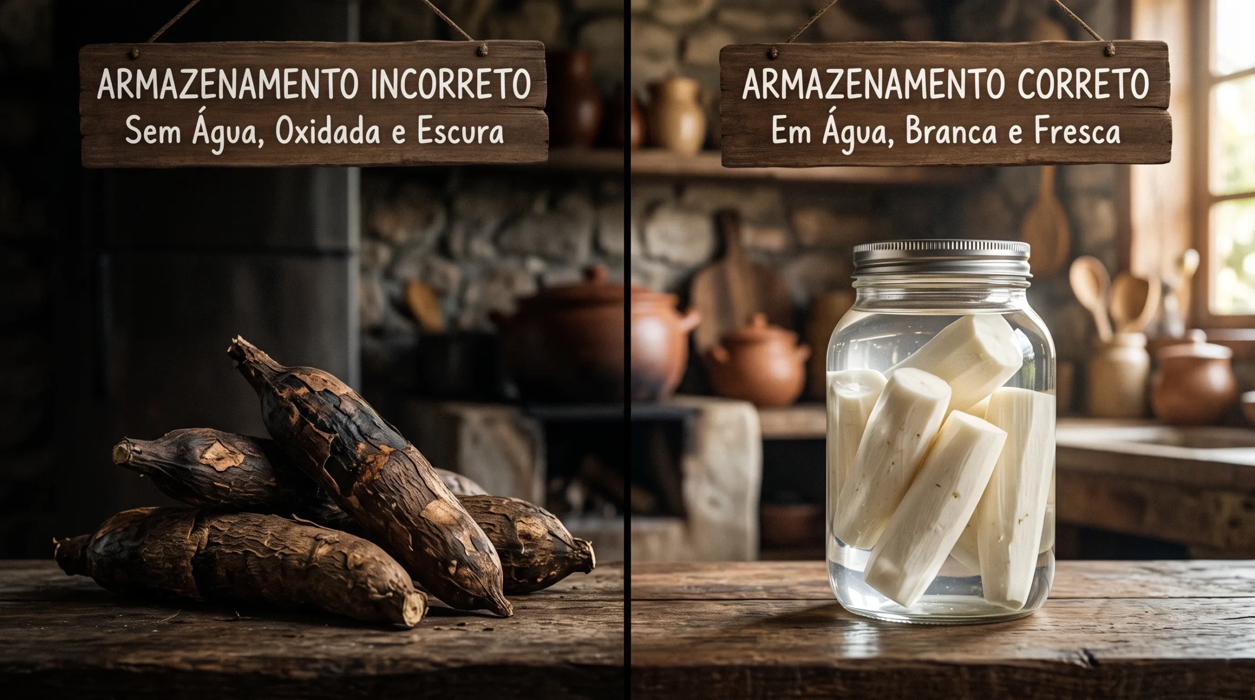 Comparação entre mandioca mal conservada escurecendo e mandioca bem armazenada em água