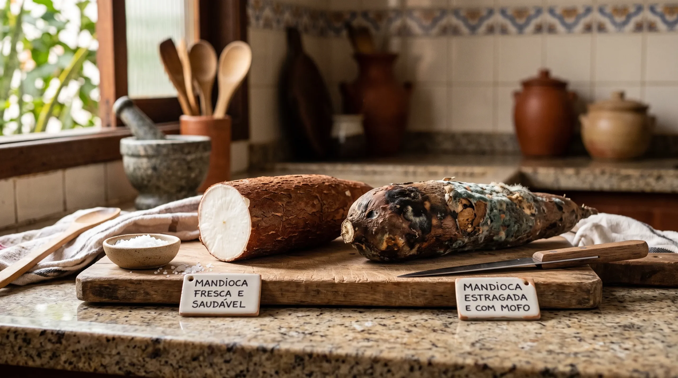 Comparação entre mandioca fresca e mandioca estragada com manchas escuras e mofo