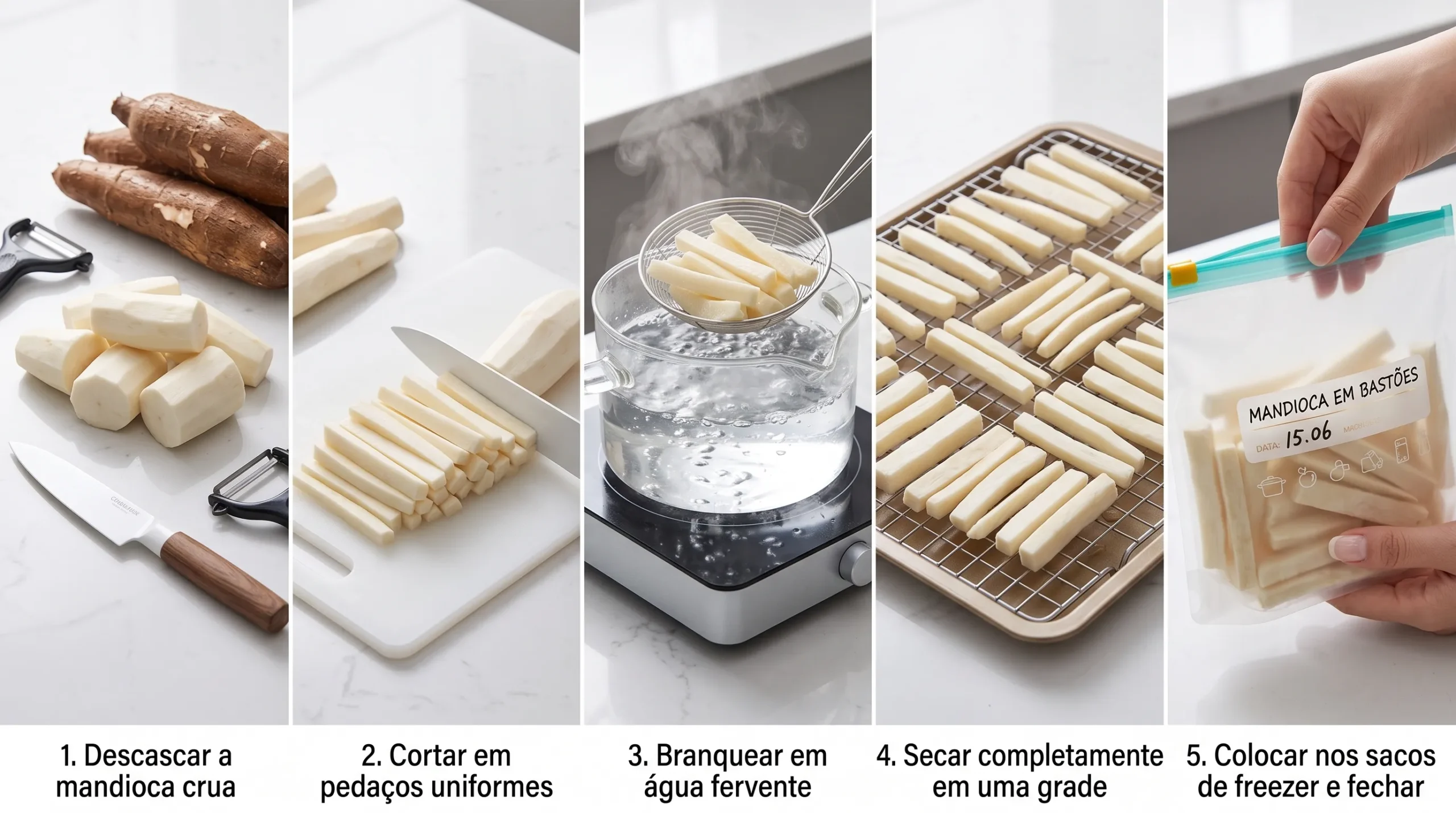 passo a passo congelar aipim cru branquear secar embalar freezer