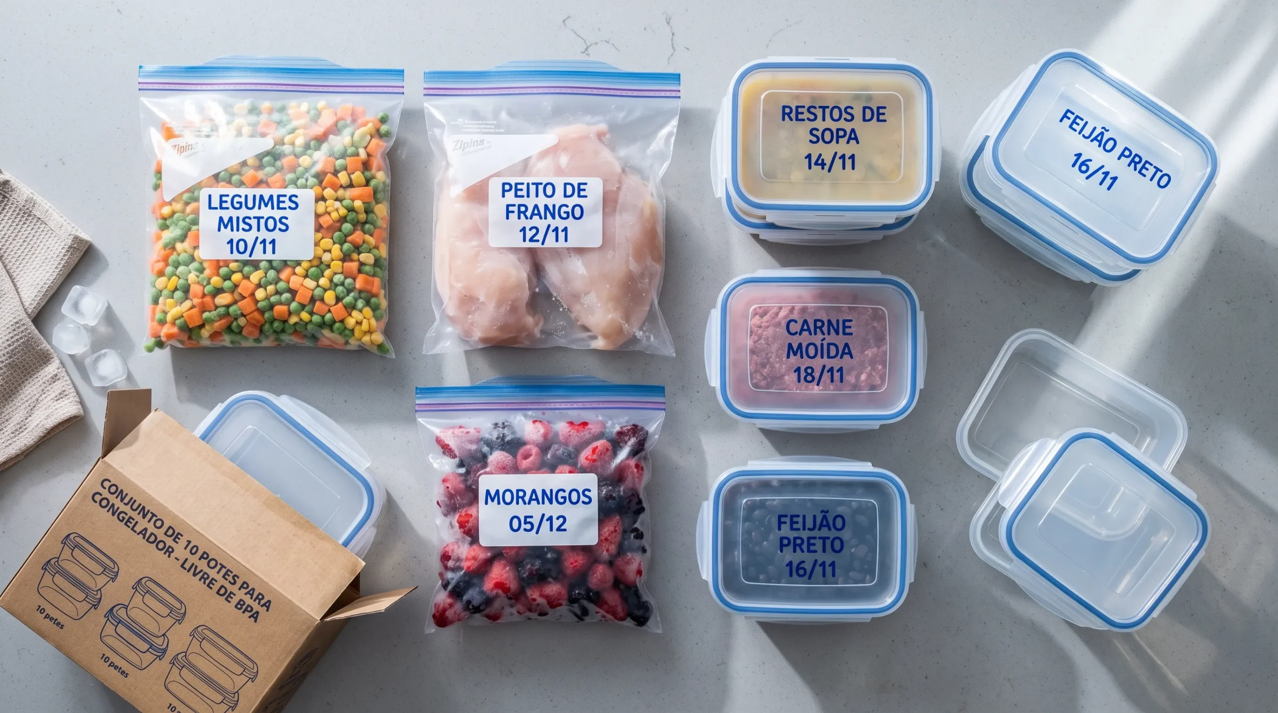 produtos embalagem para congelar aipim saco freezer pote hermético
