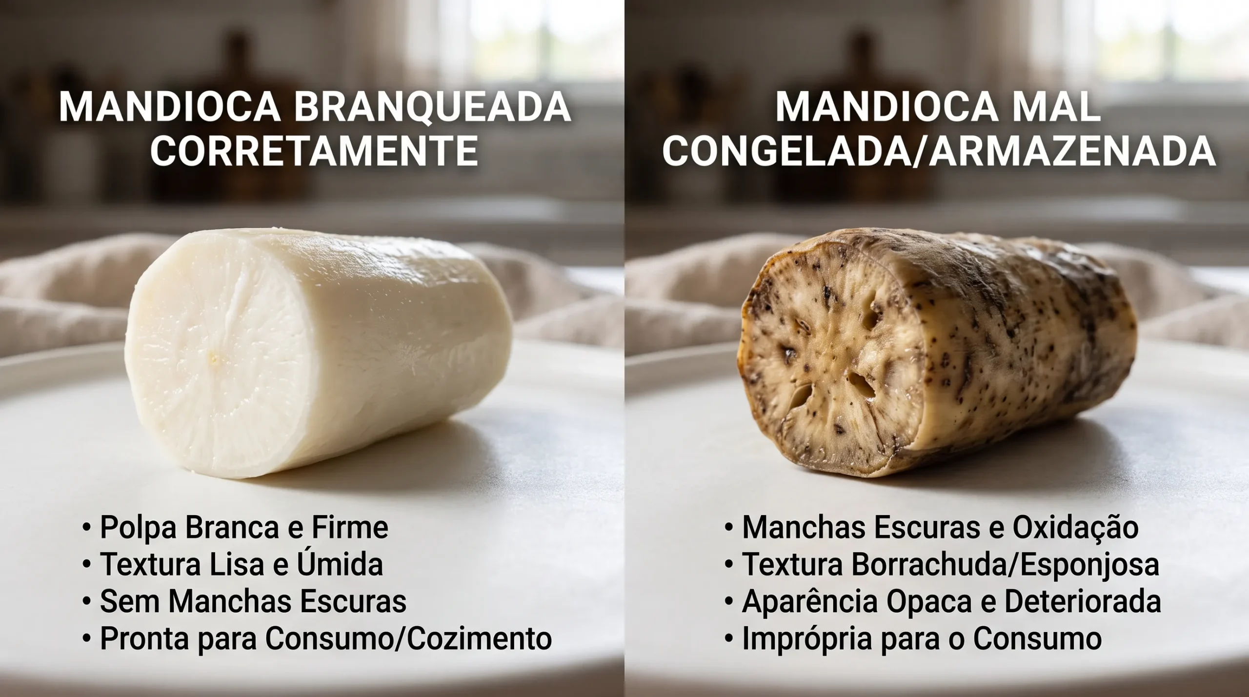 diferença mandioca crua congelada com e sem branqueamento textura