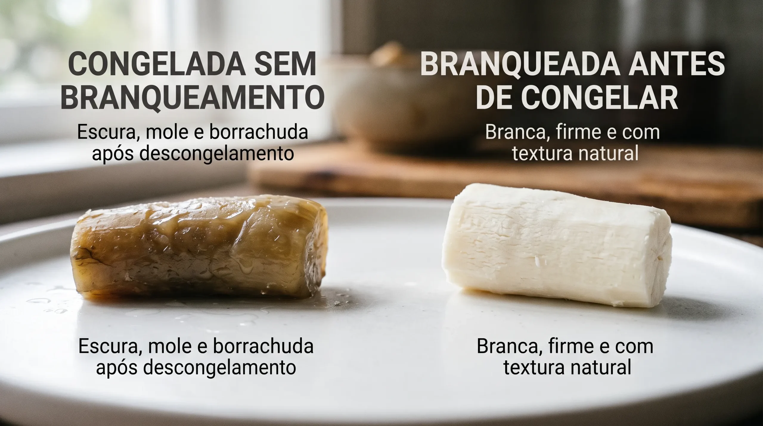 mandioca congelada sem branquear textura borrachuda escurecimento comparação