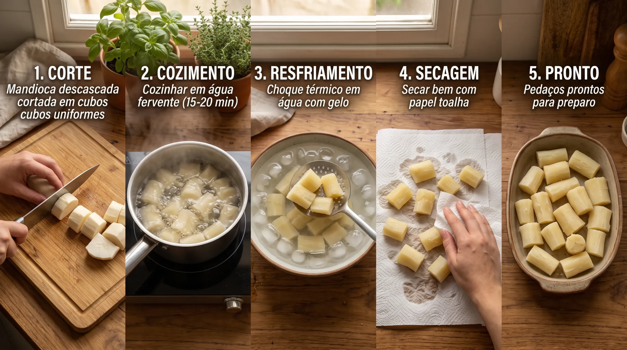 como congelar mandioca crua branquear agua fervente resfriar agua gelada secar