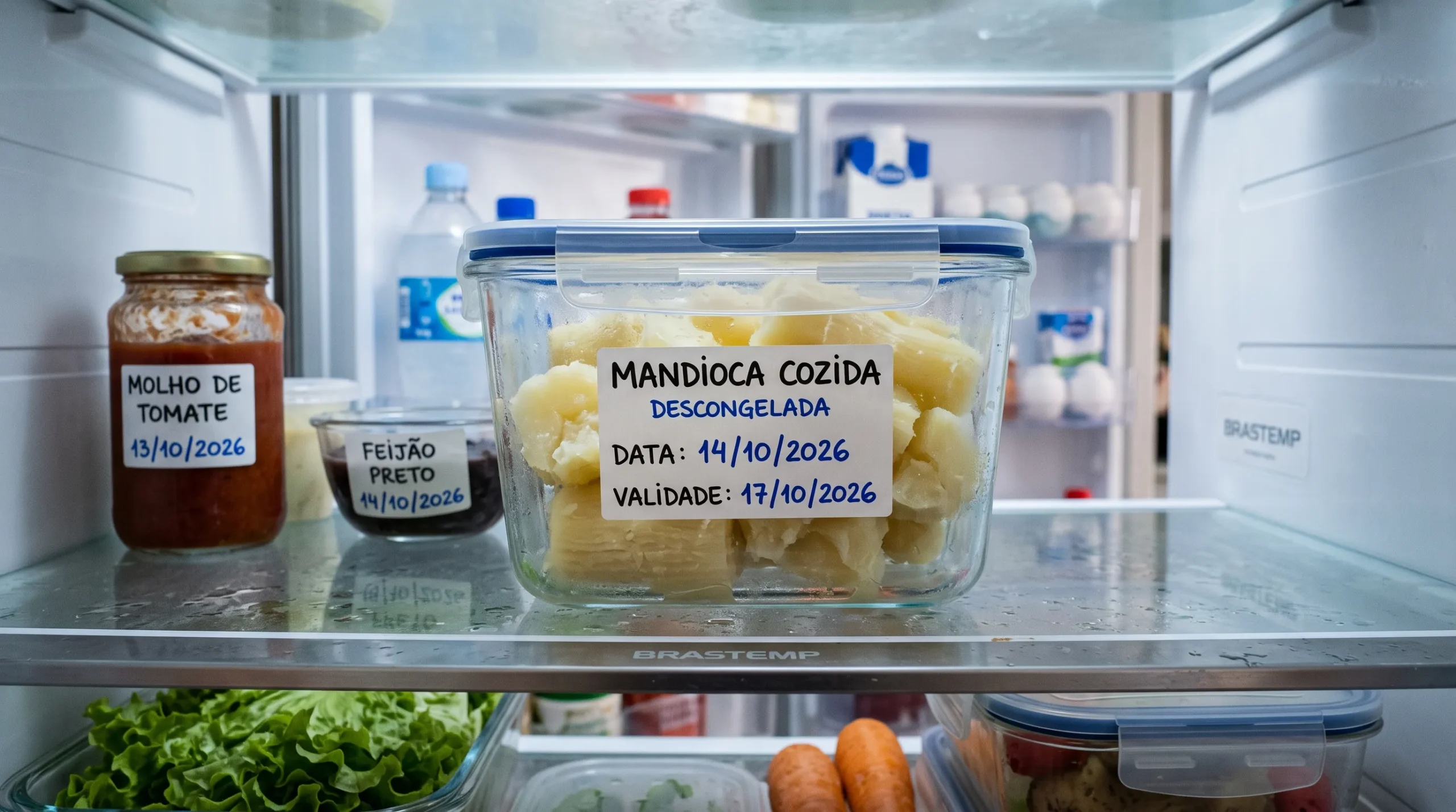 guardar mandioca cozida após descongelar geladeira pote hermético quanto tempo dura