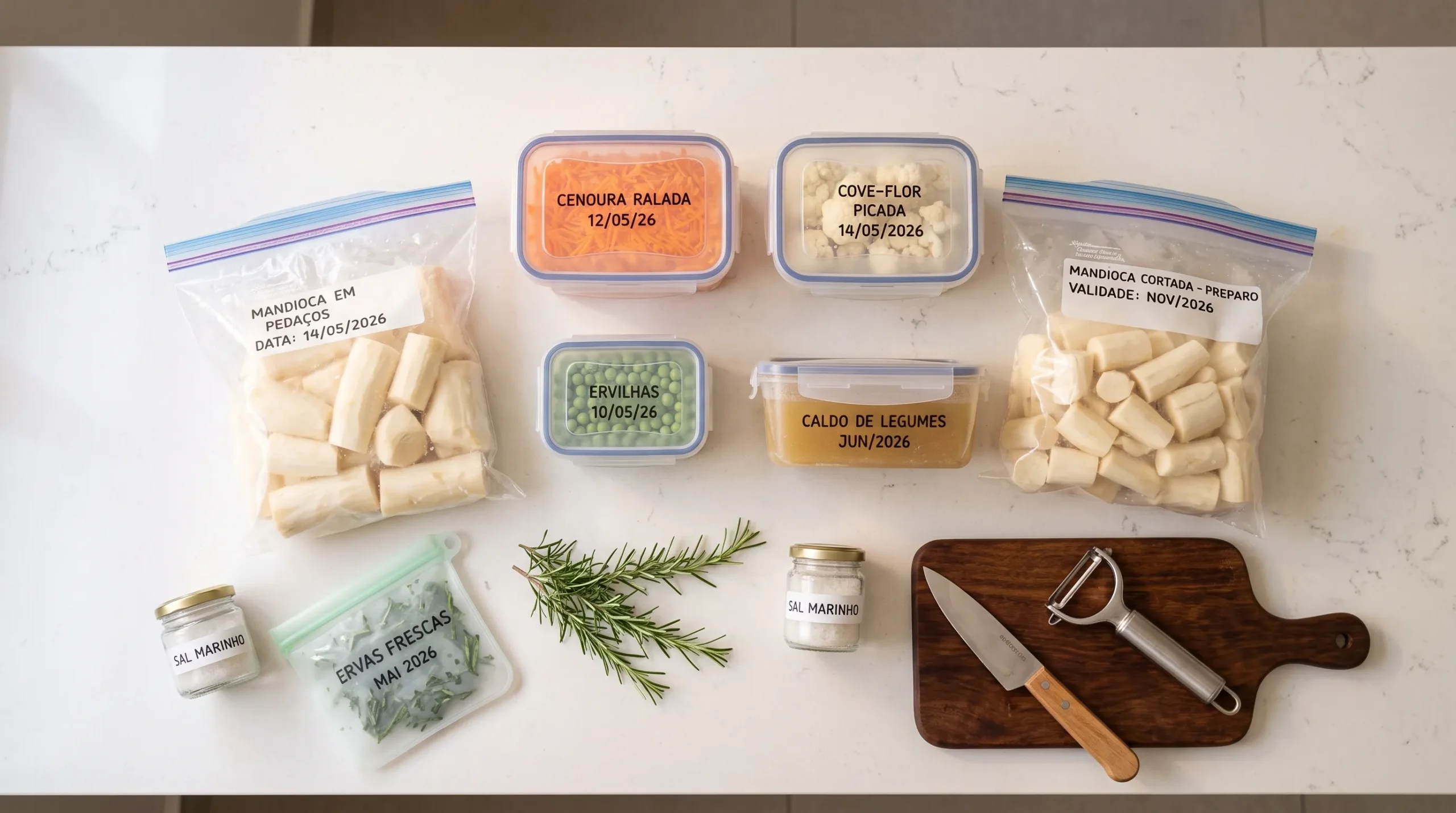 produtos para congelar mandioca crua sacos zip potes faca descascador