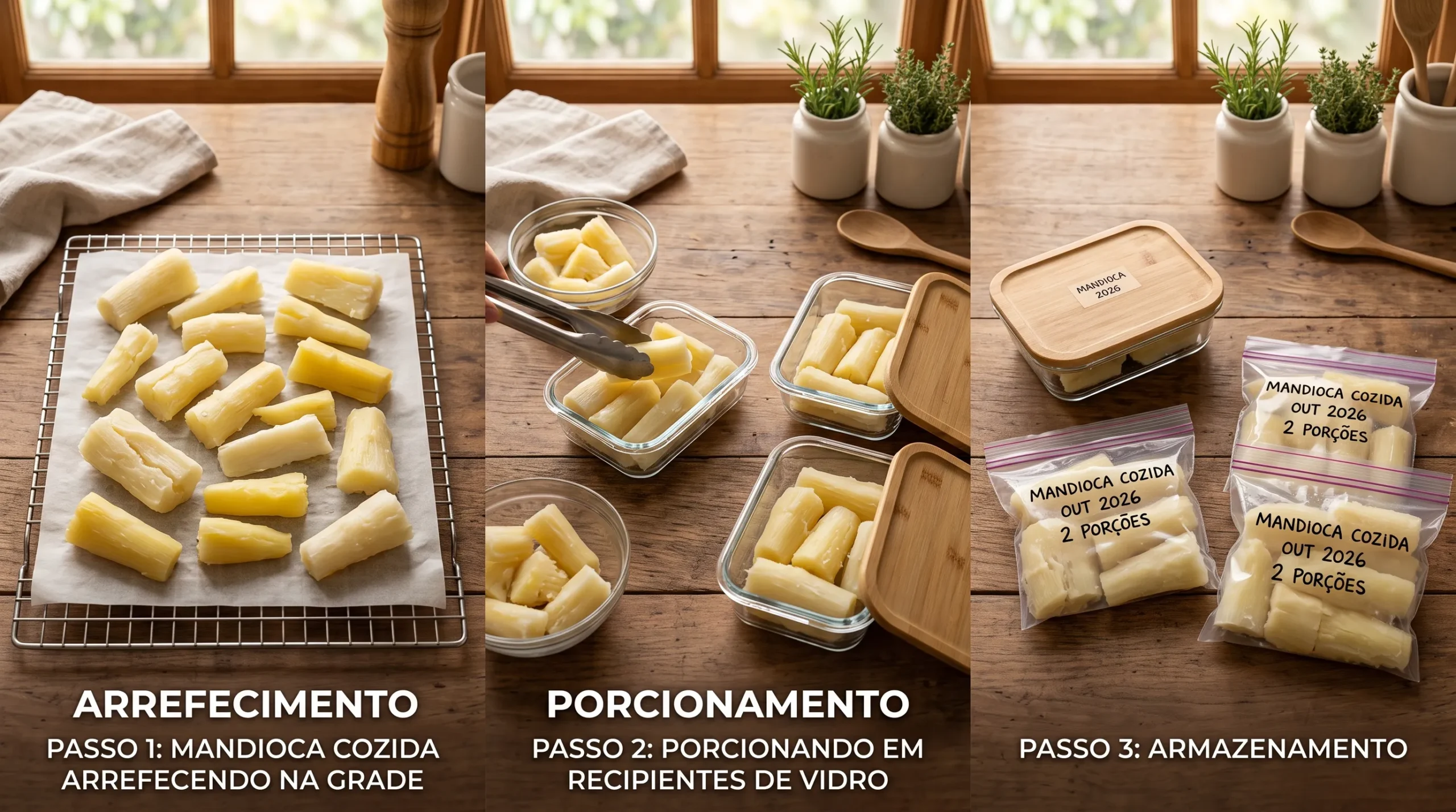 como congelar mandioca cozida resfriar porcionar embalar pote saco freezer